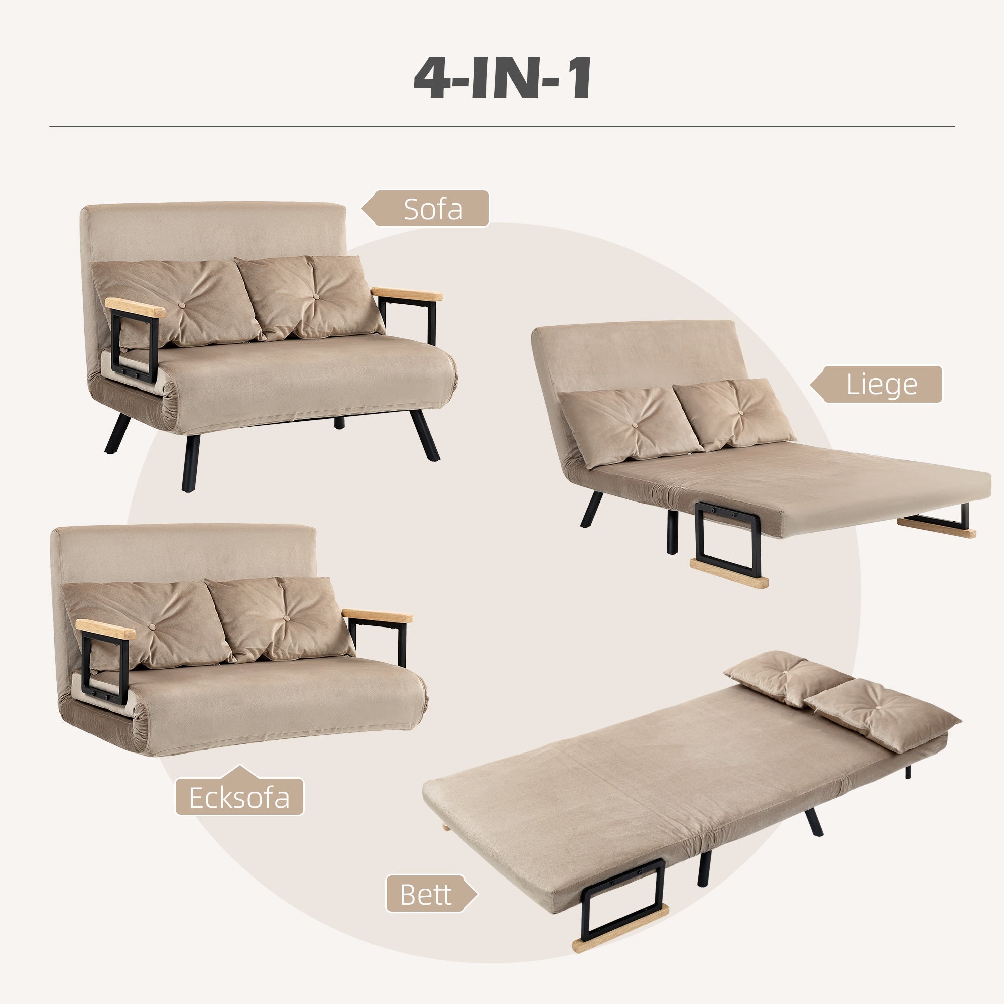 2-Sitzer Schlafsofa, Verstellbare Rückenlehne, Samtoptik Hellbraun