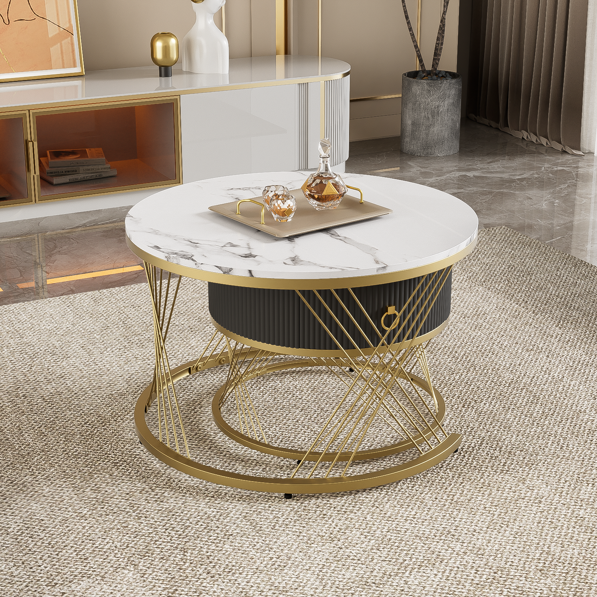 Modular Coffee Table Set of 2, Marble Look Drawers Gold Decor