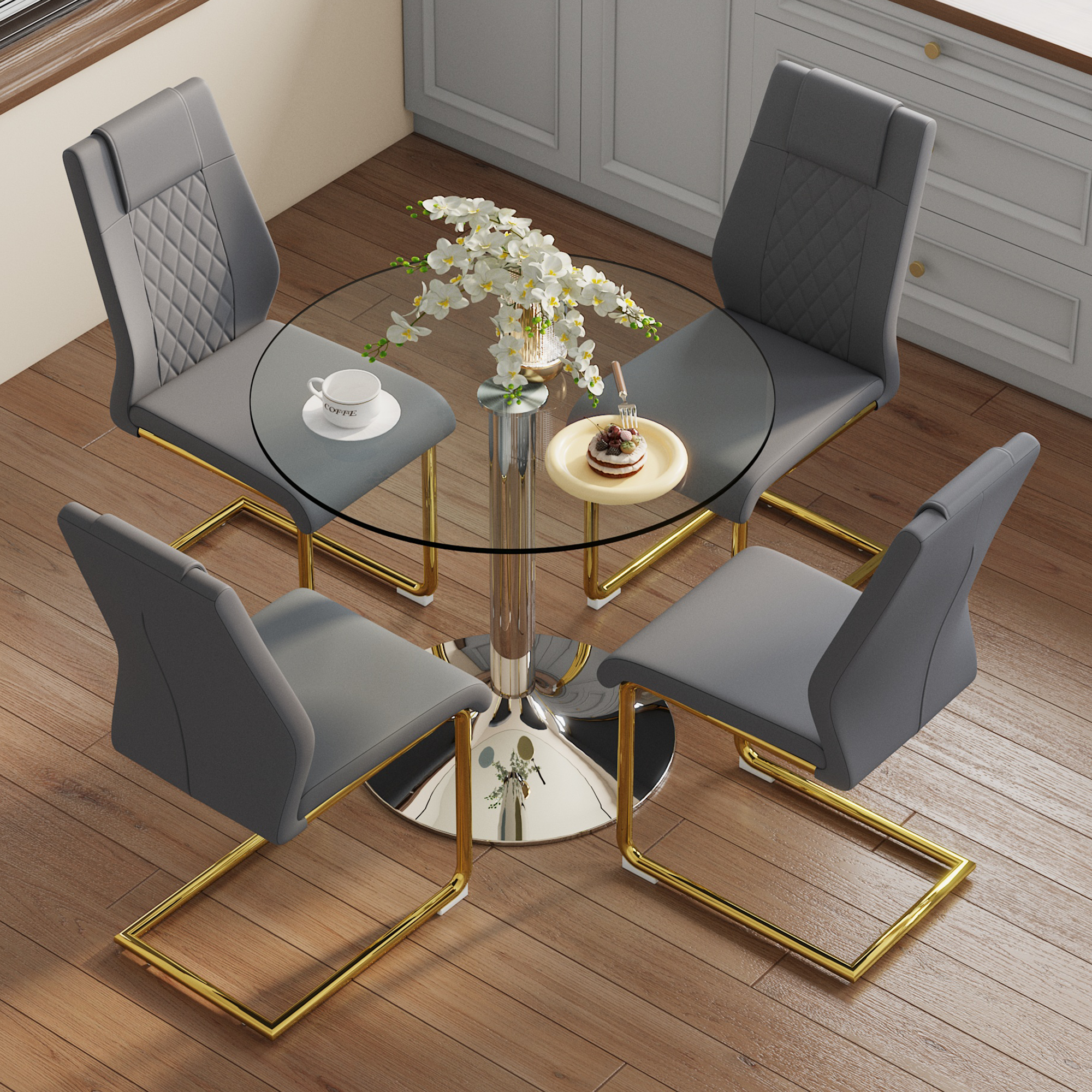Dining Table Set - Glass 85cm 4 Chairs Gold Legs - Dark Grey PU