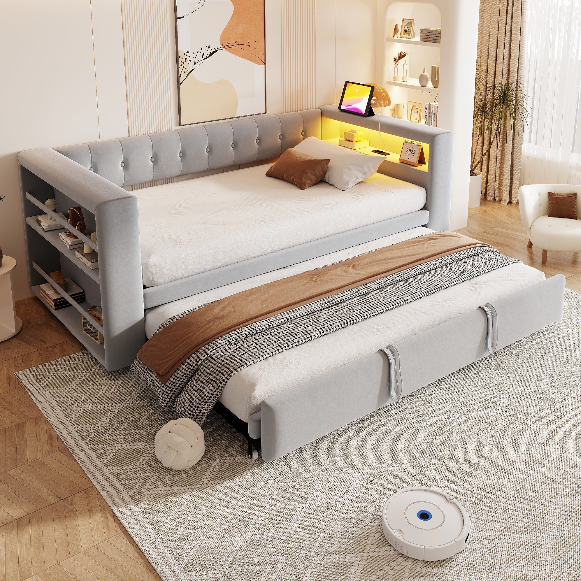 Upholstered Bed, Multifunctional Sofa Bed 90/180×190 cm, LED, Storage, Light Grey