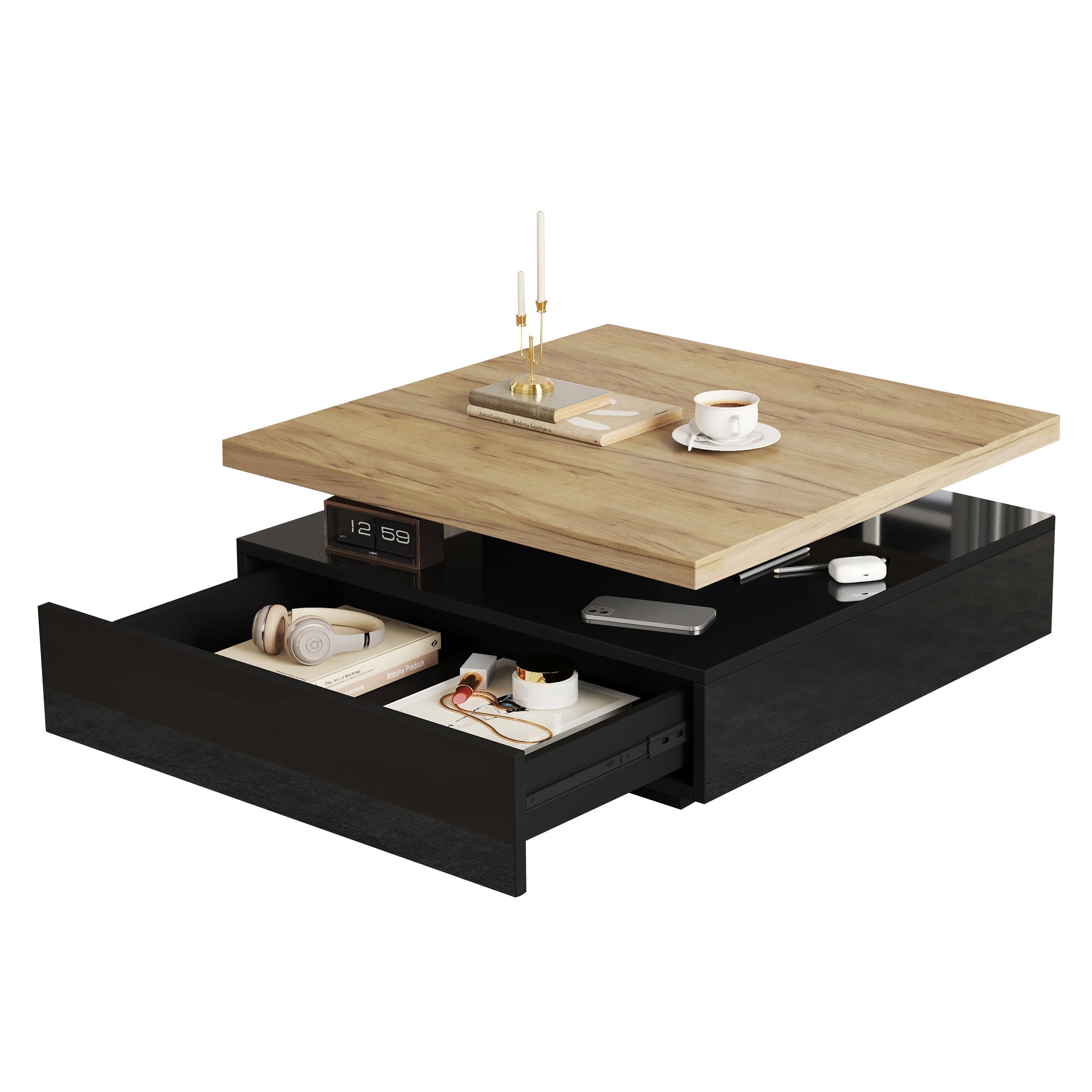Coffee Table Multifunctional 360° Swivel 2-Tier Storage - Natural/Black Chipboard