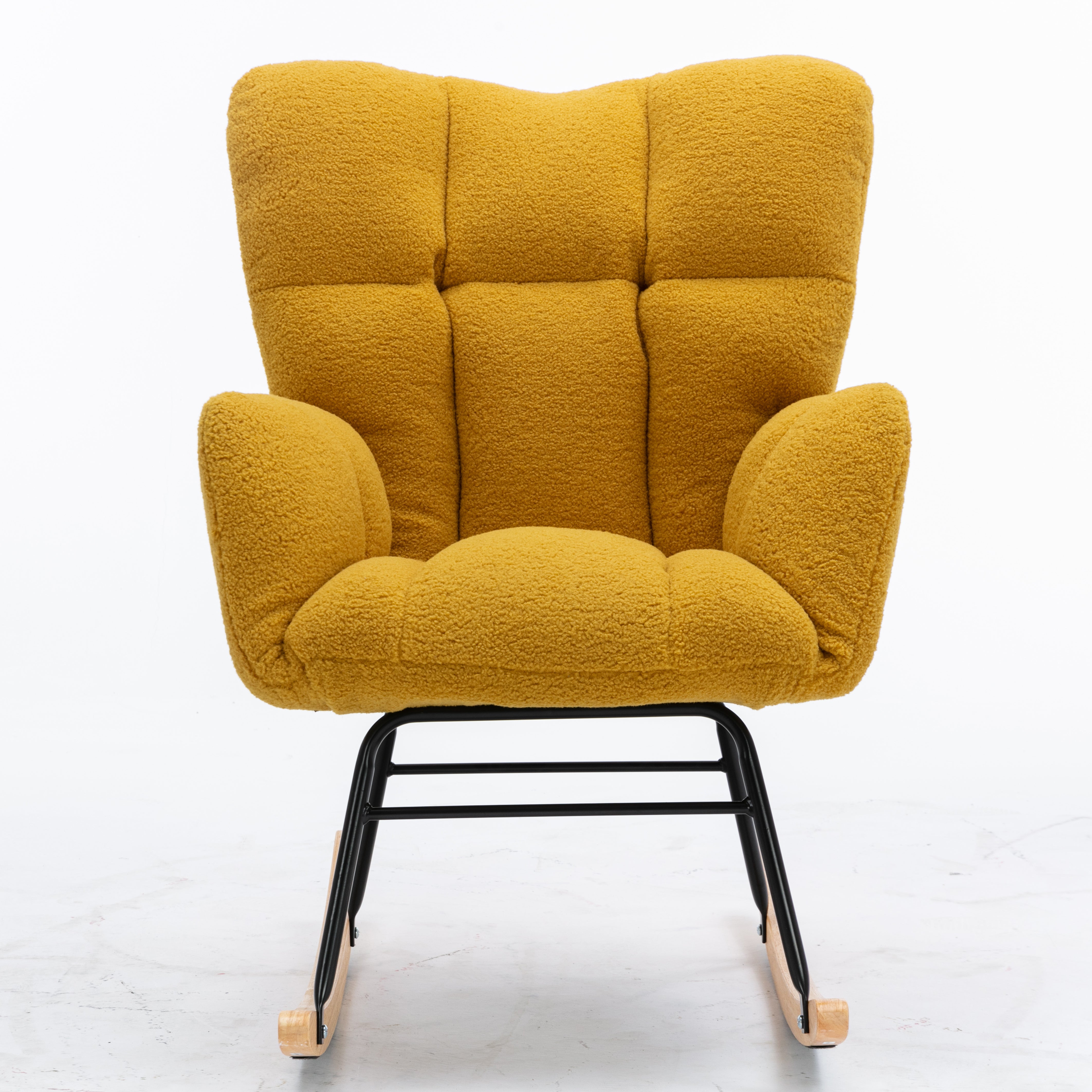 Mid Century Modern Rocking Chair with Tufted Cover, Padded Seat, Teddy Fabric, Yellow