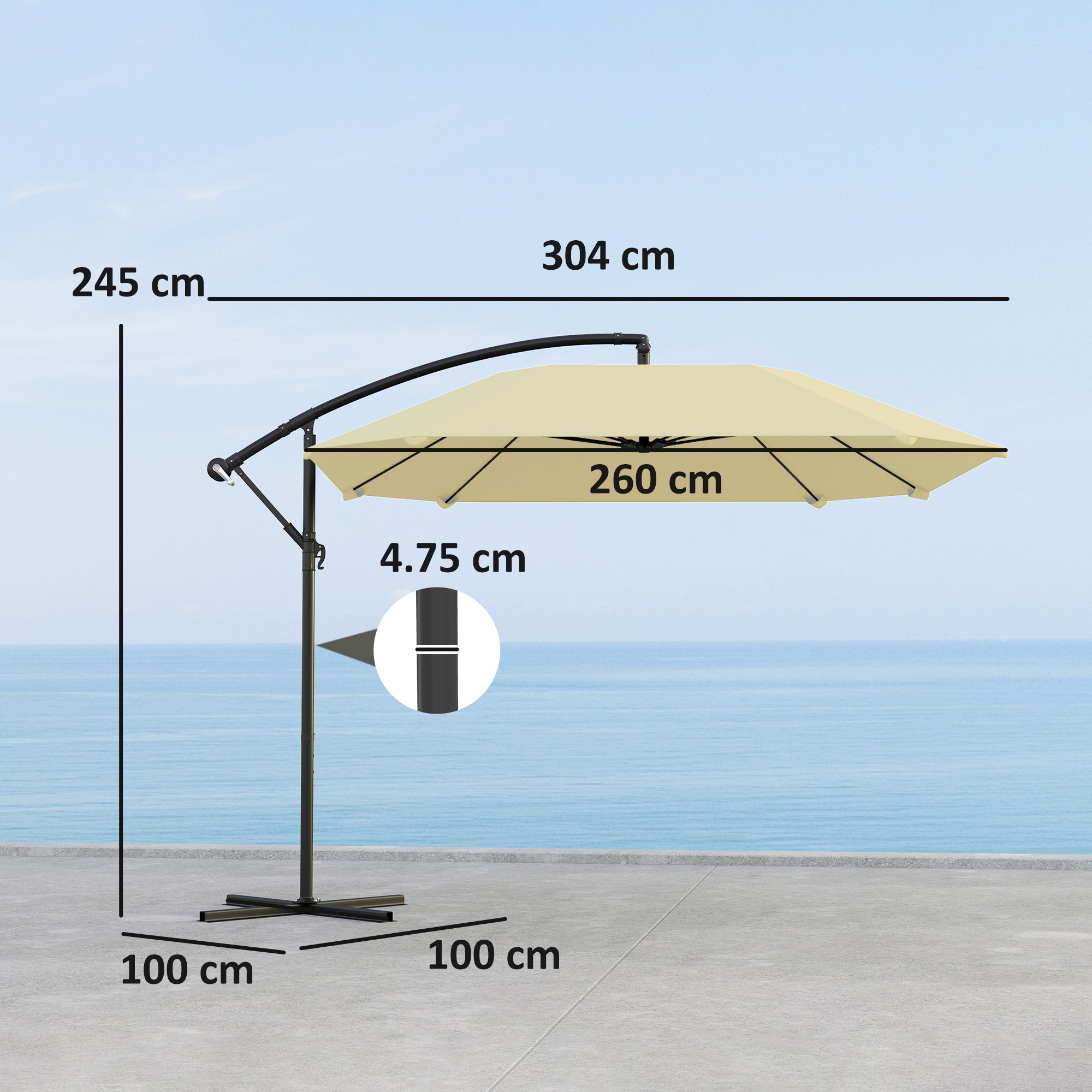 Ampelschirm, Ø 260 cm, Wasserdicht, Neigbar, Aluminium, Beige