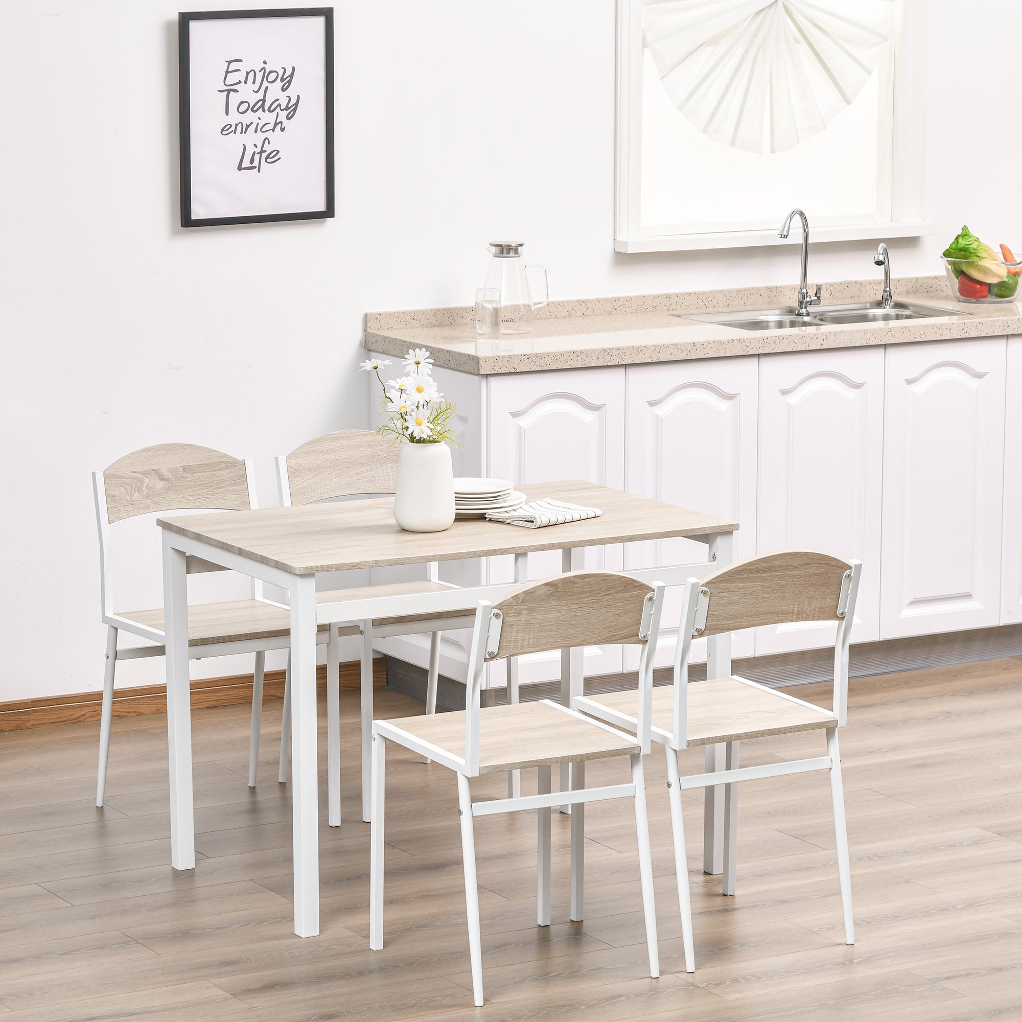 Dining Set 5-Piece Table & 4 Chairs Wood Grain MDF/Metal Grey/White