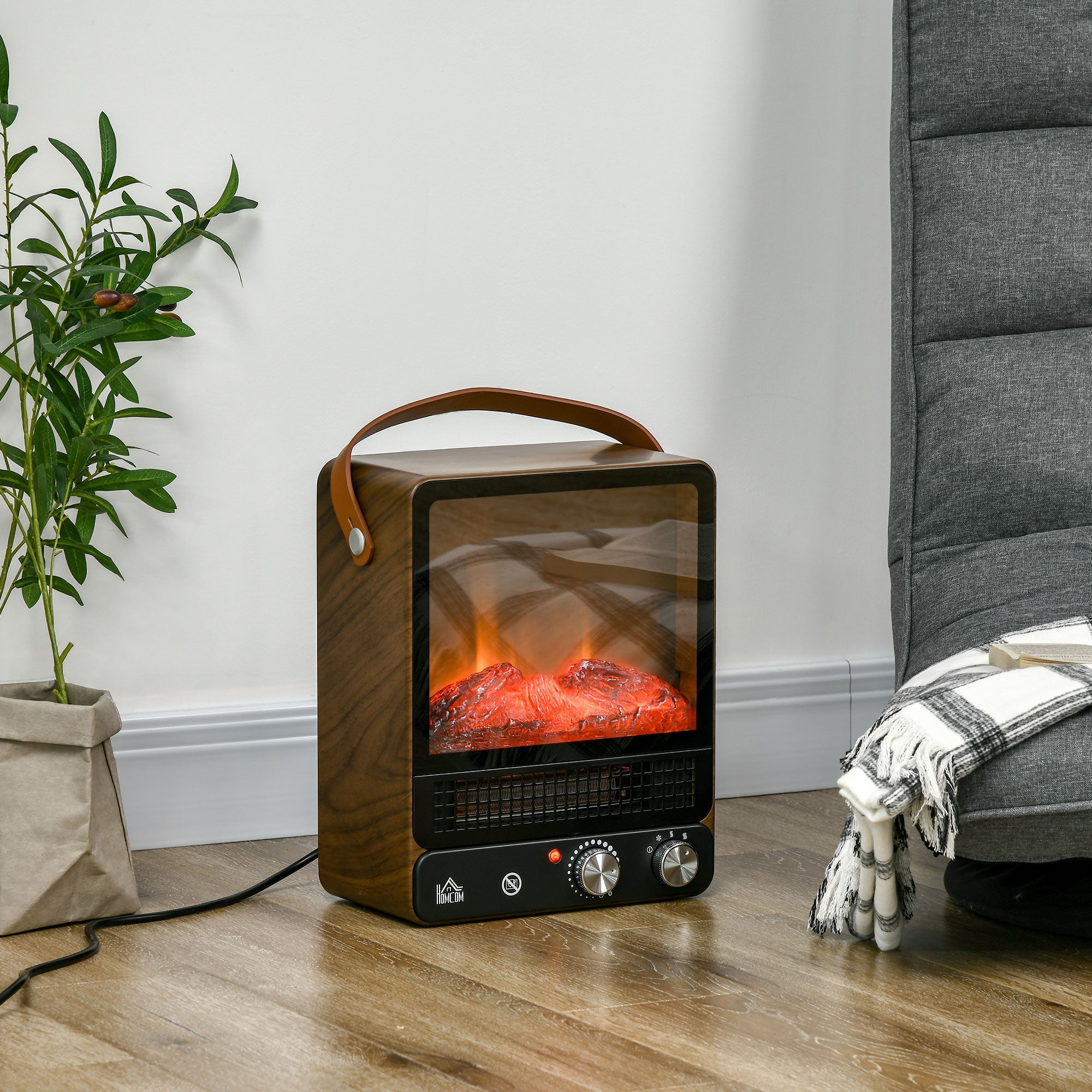 Electric Fireplace, 750/1500W, Flame Effect, Freestanding, Metal