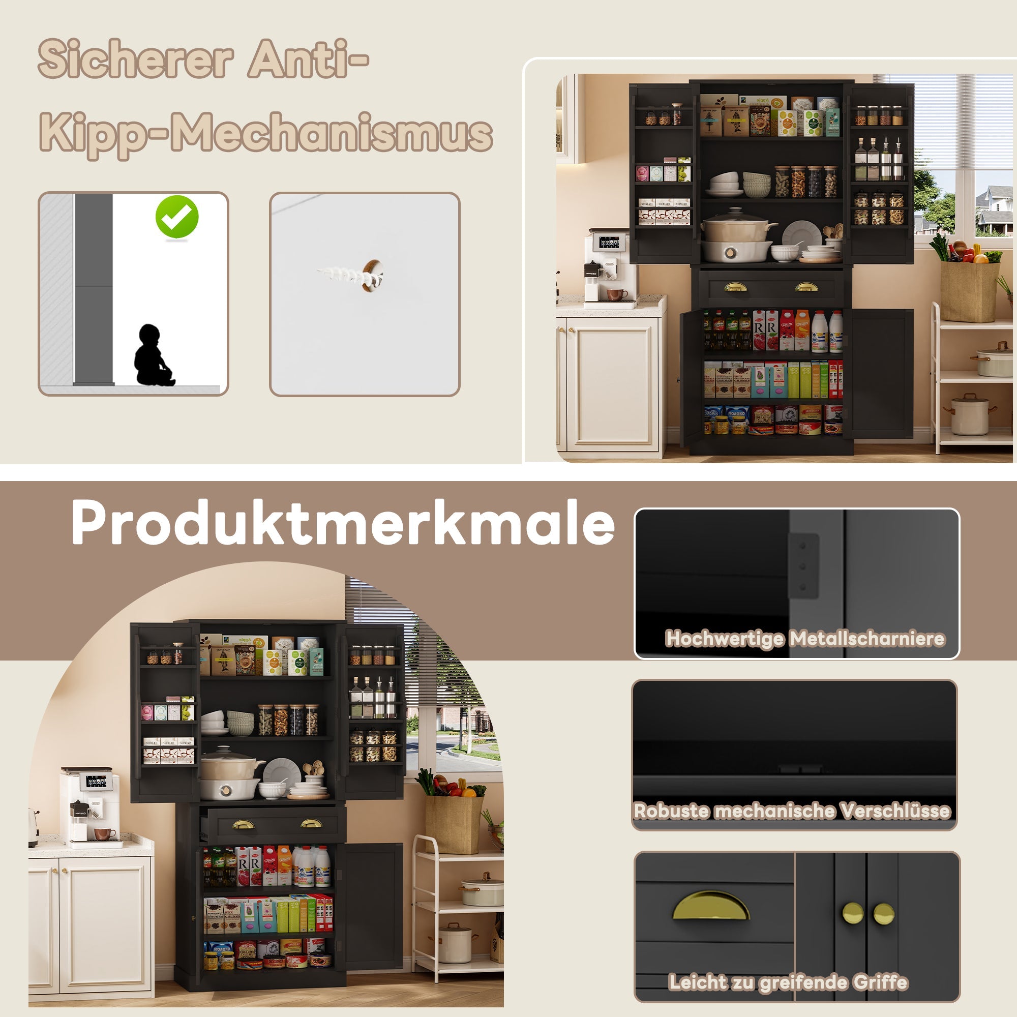 Storage Cabinet 182cm 4 Doors 1 Drawer Adjustable Shelves - Black