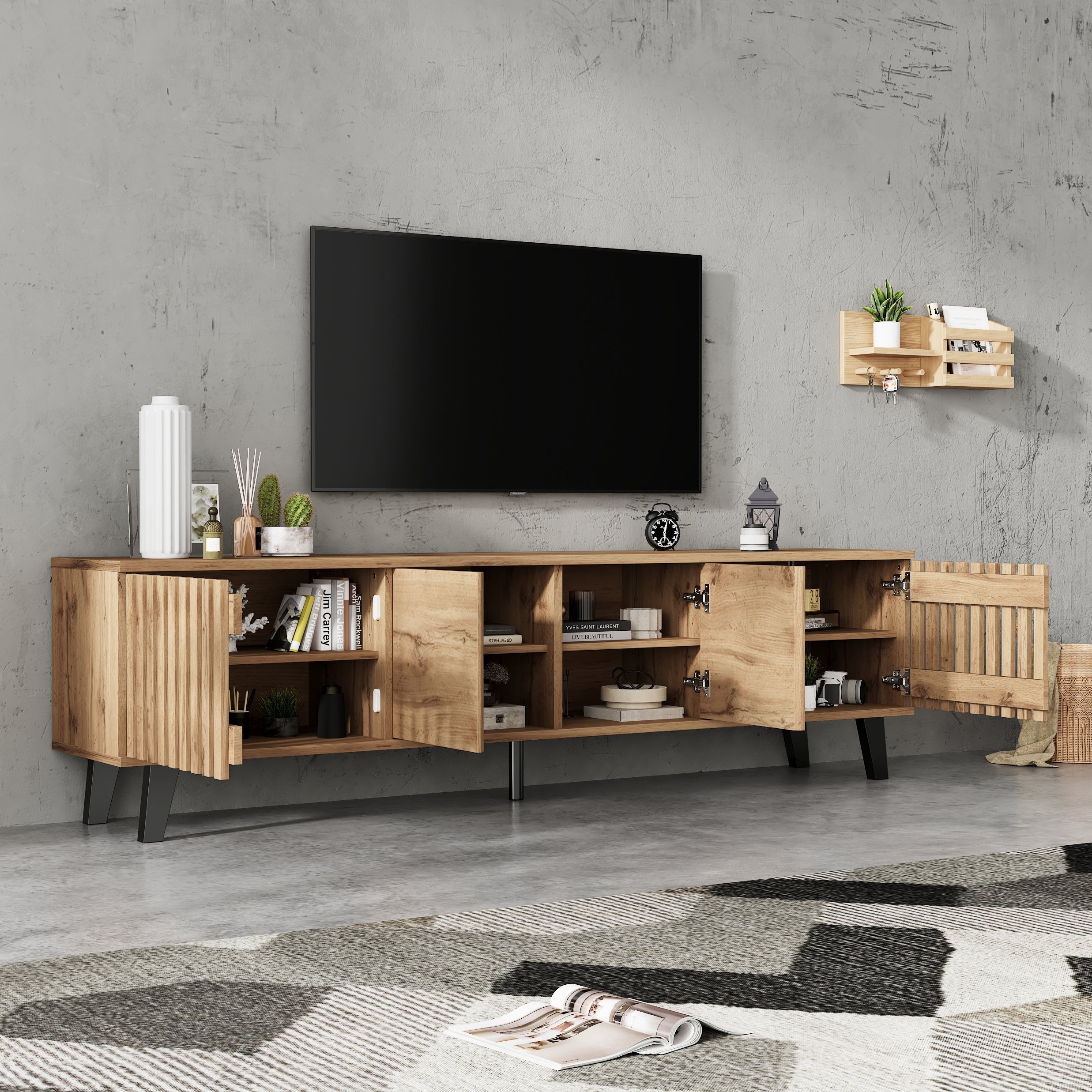 TV Cabinet 180x40x55cm Lowboard 8 Storage for 70-Inch TVs, Original Wood Color