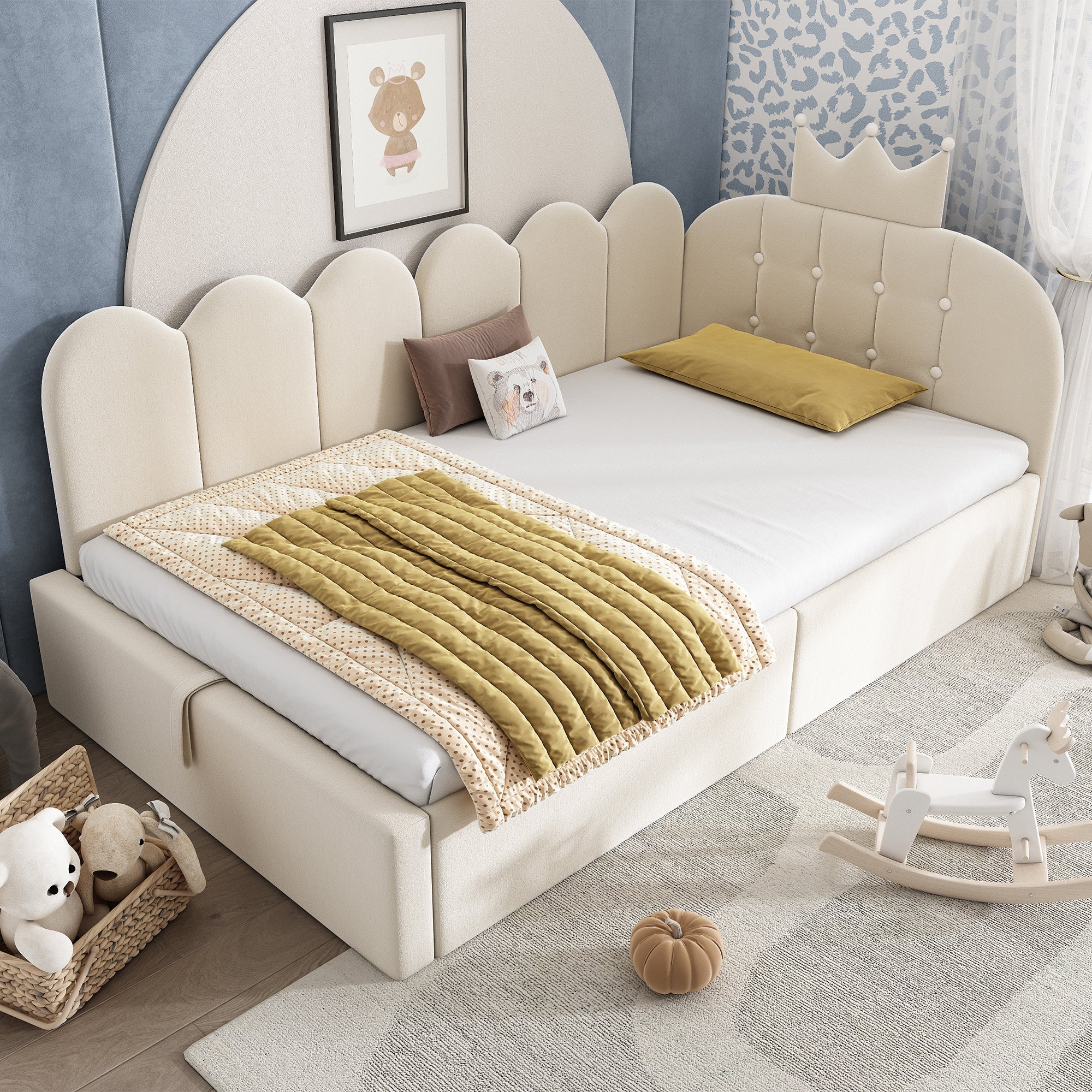 Upholstered Daybed with Hydraulic Storage and Crown-Lattice Design, 90x200cm, Beige Velvet