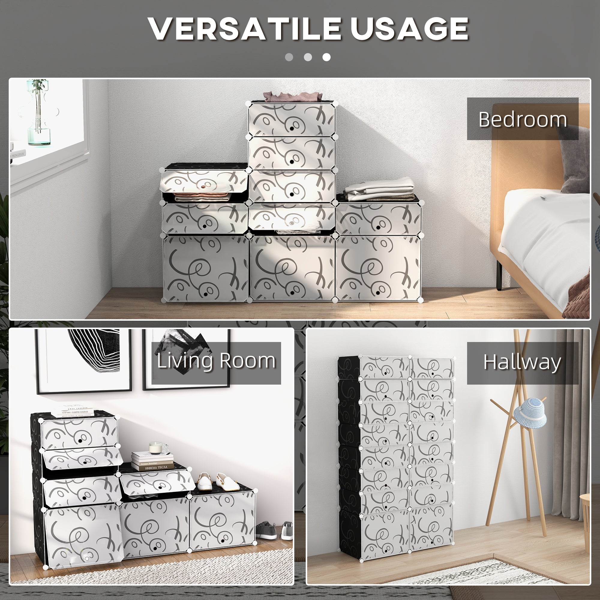 DIY Shoe Cabinet, 16 Compartments, Modular Wardrobe, PP Black + White