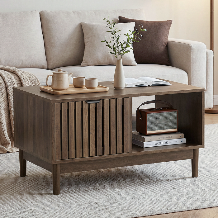 80 cm Coffee Table, Mid-Century Modern with Drawer and Open Shelves, Walnut Color
