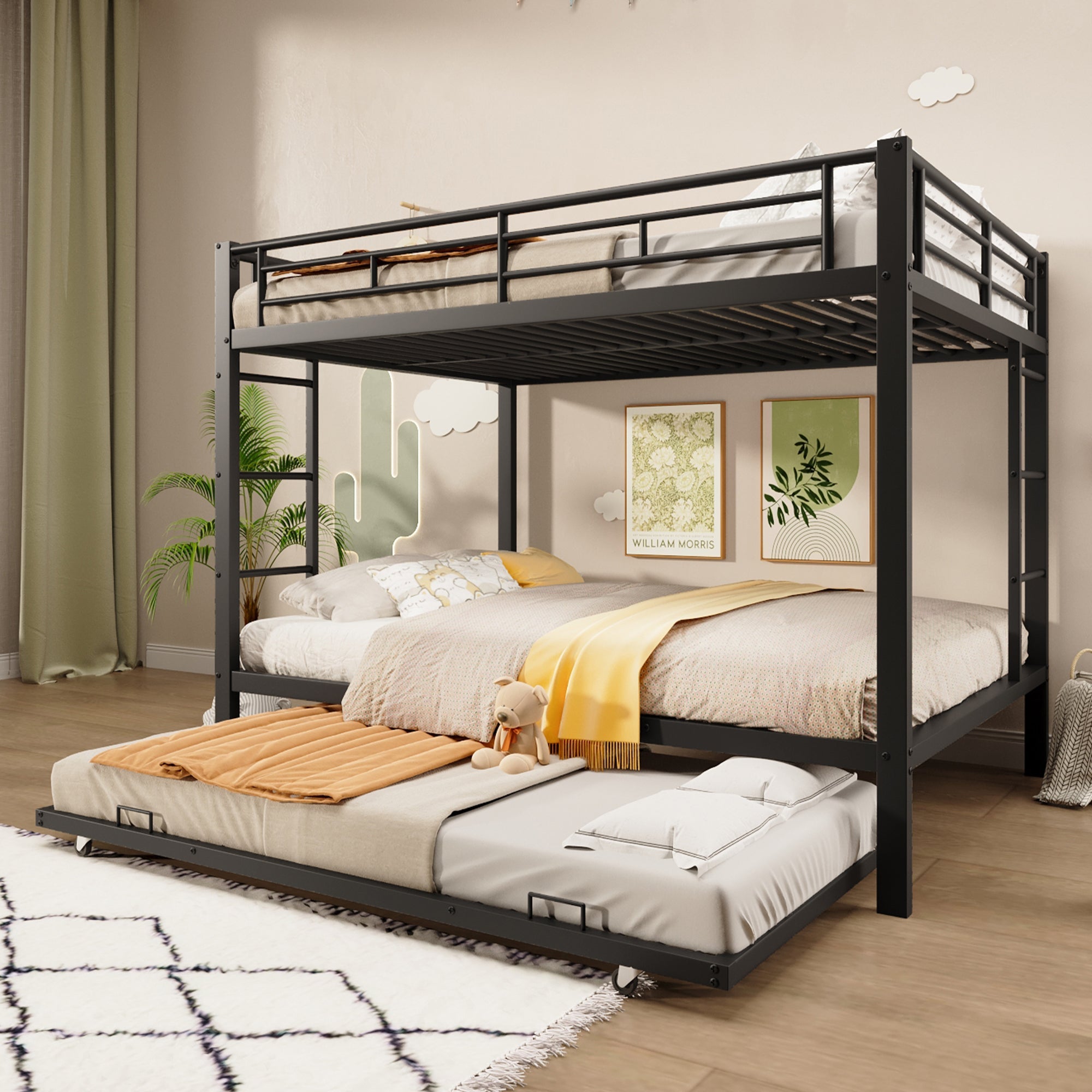 140*200cm Bunk Bed with Pull-out Bed and High Railings, Iron, Black