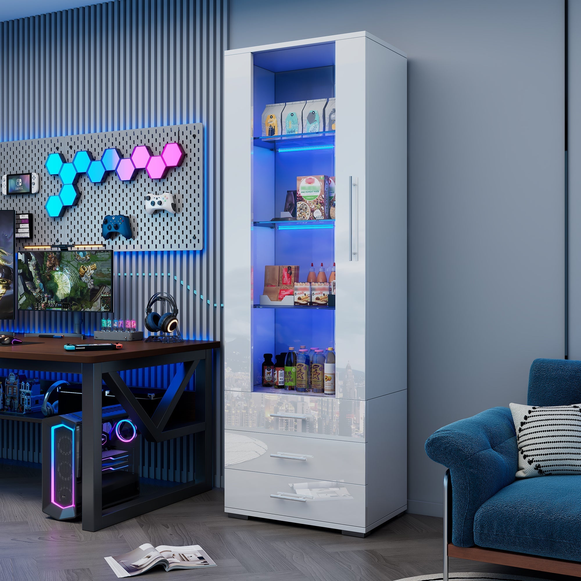 Display Cabinet Freestanding LED Glass 3 Drawers 60x35x180cm, High-Gloss White