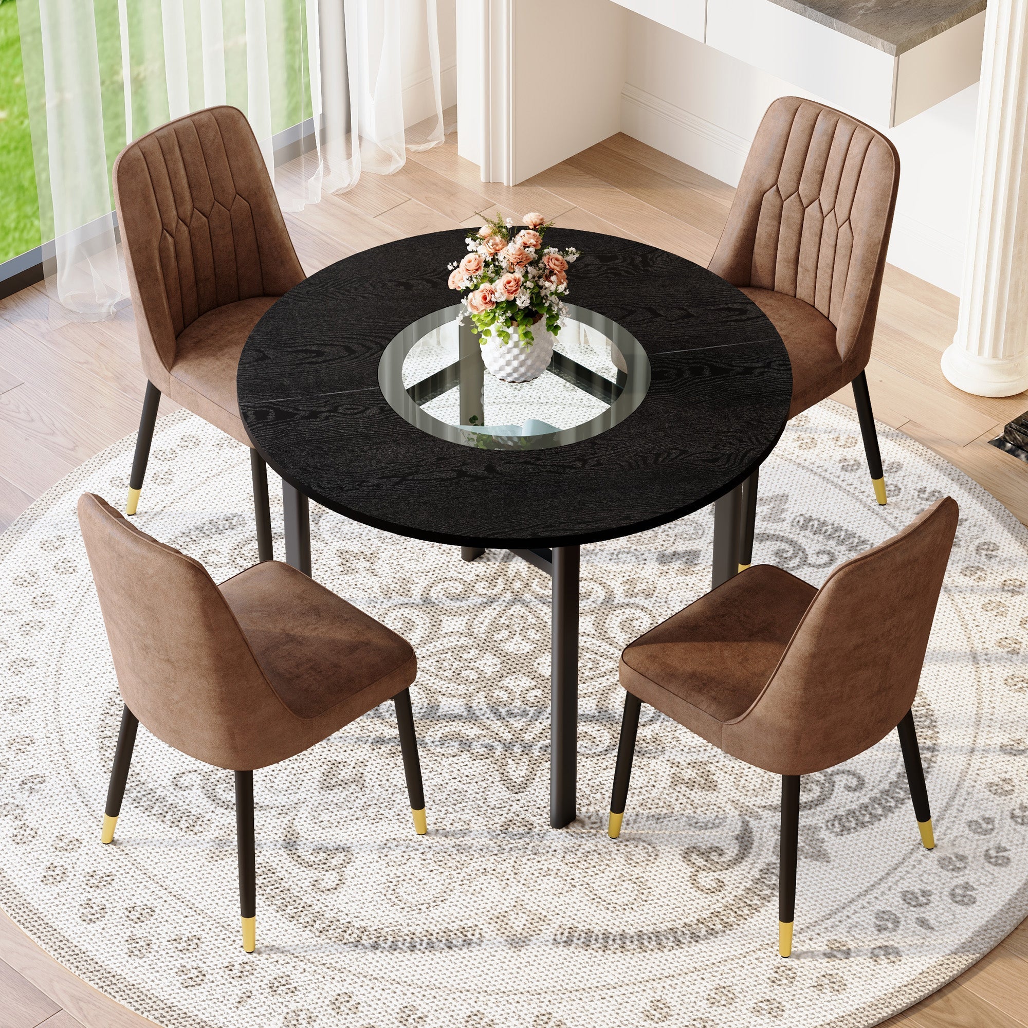 Round Dining Set 100cm 4 Tech Fabric Chairs - Black Wood Look/Brown