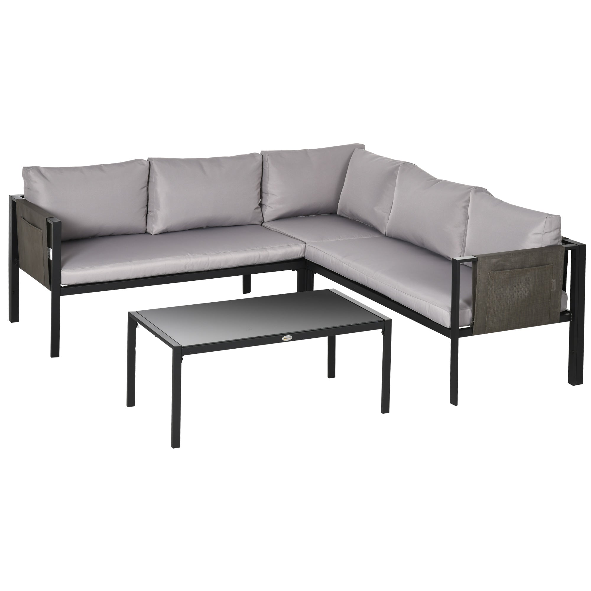 5 Seater Garden Corner Sofa Set 4 Piece Metal with Glass Table Light Grey