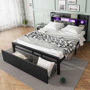 Metal Iron Bed 4ft6 Double 135x190cm with LED Lights & Charging Port, 2 Drawers & Storage Headboard, Black