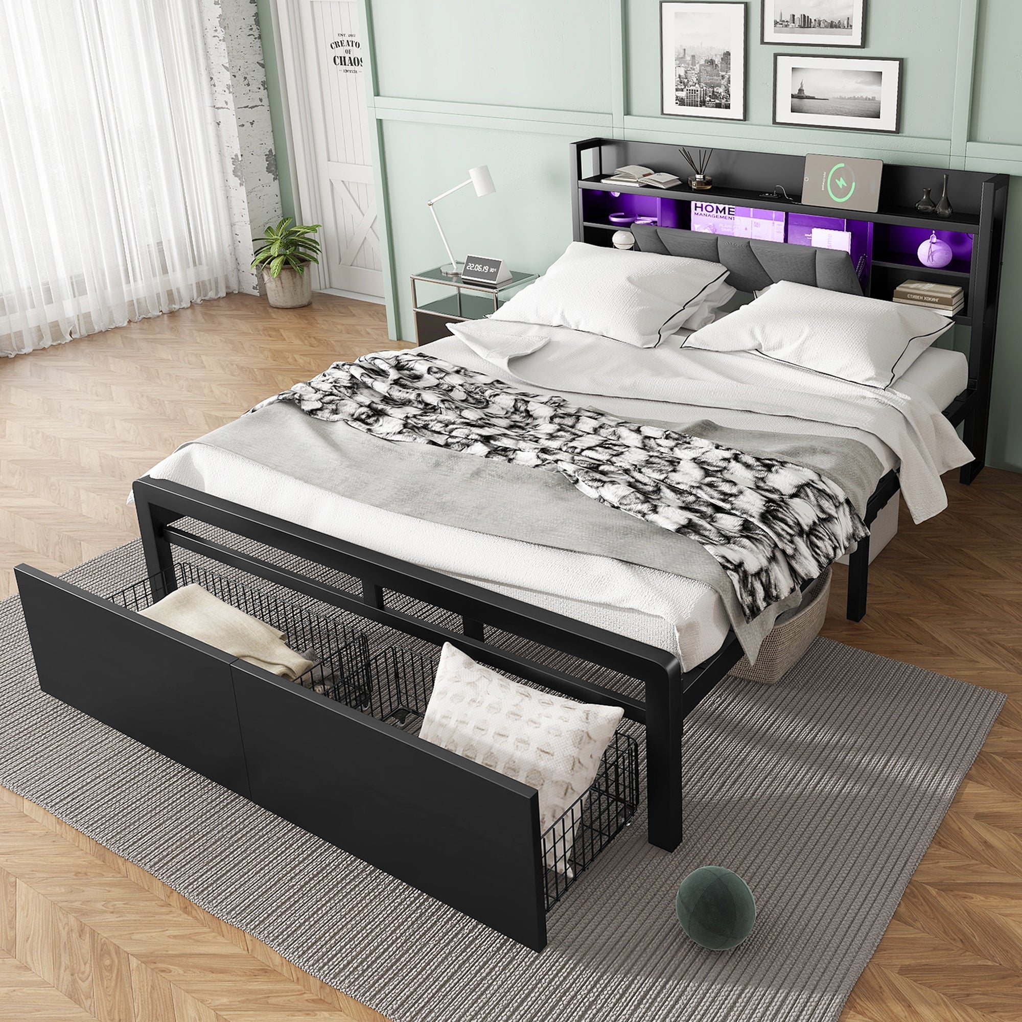 Metal Iron Bed 4ft6 Double 135x190cm with LED Lights & Charging Port, 2 Drawers & Storage Headboard, Black