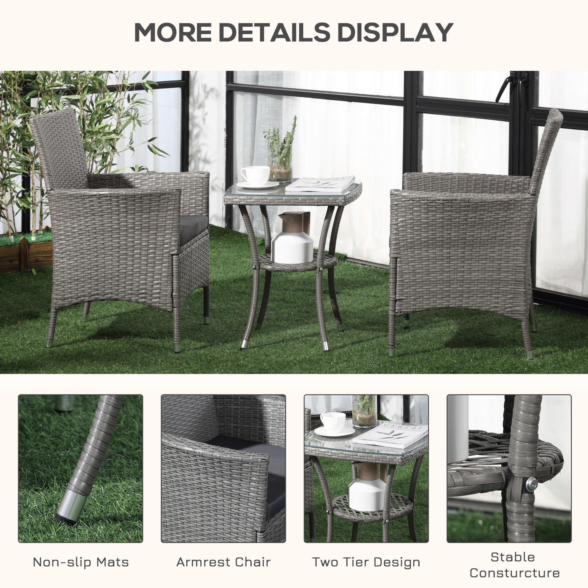 3 Pieces Rattan Bistro Set Wicker with 2-Tier Table and Washable Cushions Grey
