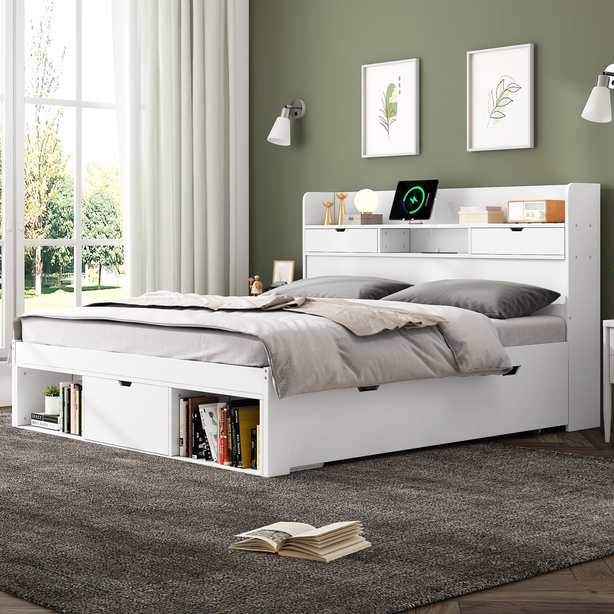Multifunctional Double Bed 140x190cm USB Drawers Storage Cabinet - White