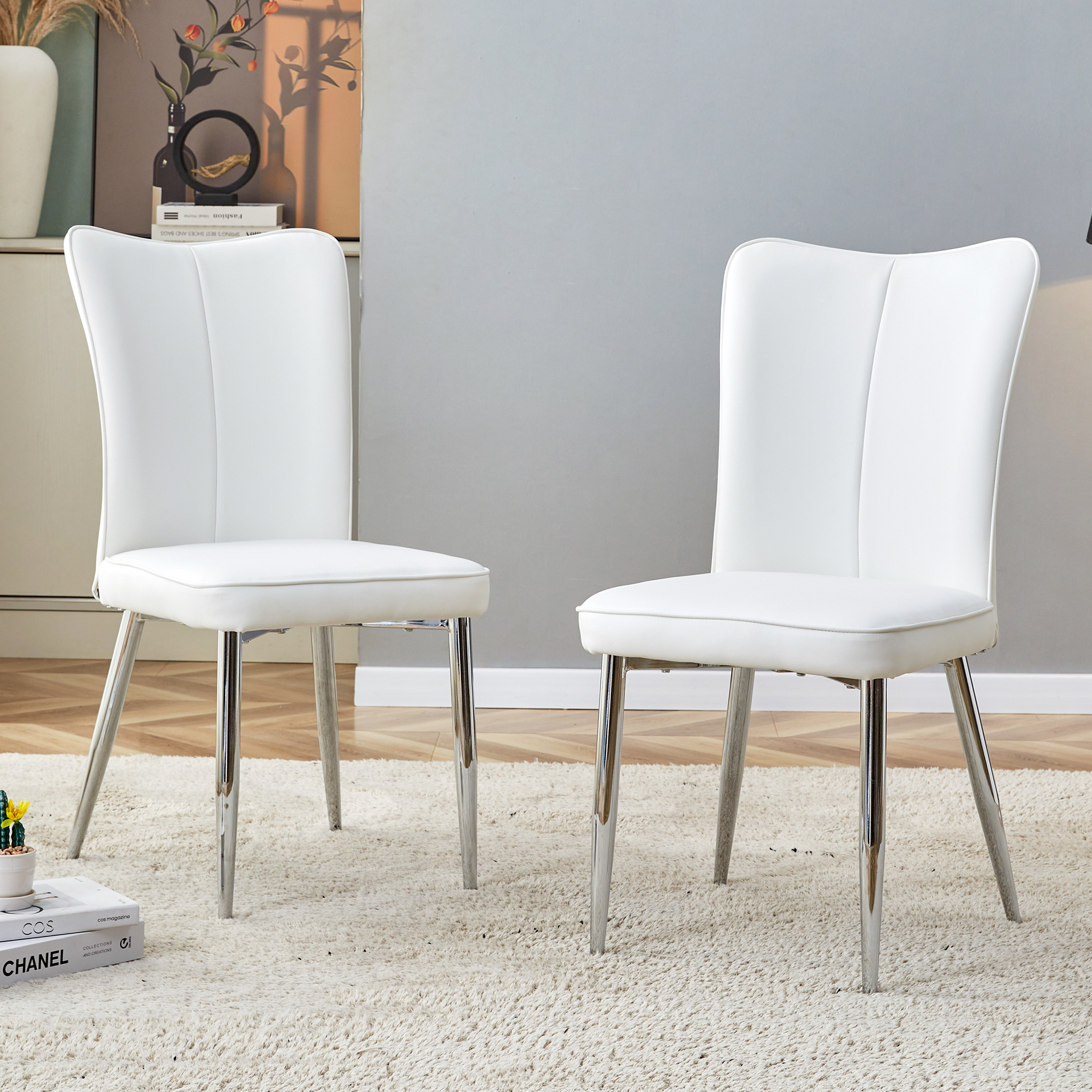 2x Modern Dining Chairs PU Leather Silver Metal Legs White