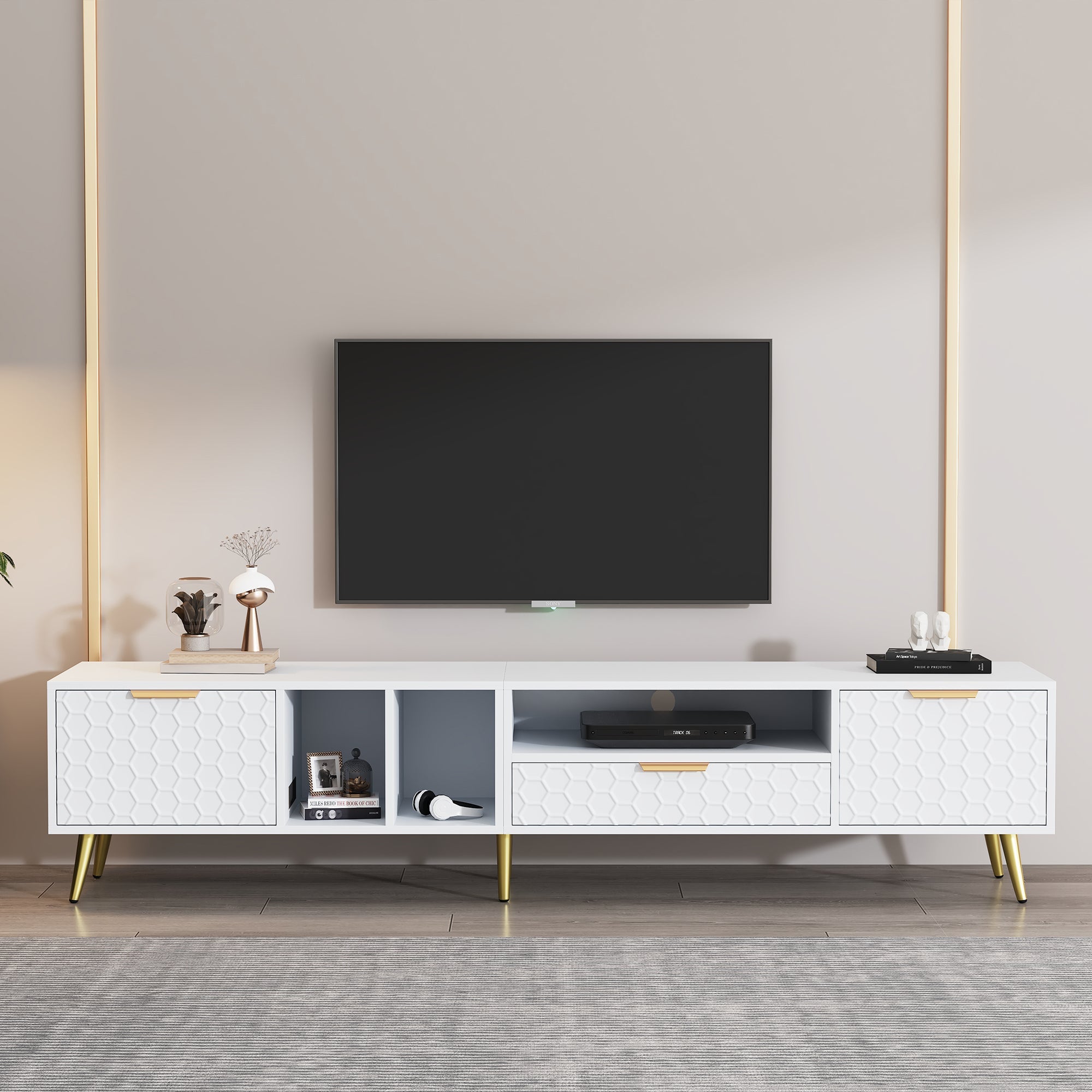 TV Stand, Vertical Honeycomb Pattern, 80-Inch TV, White