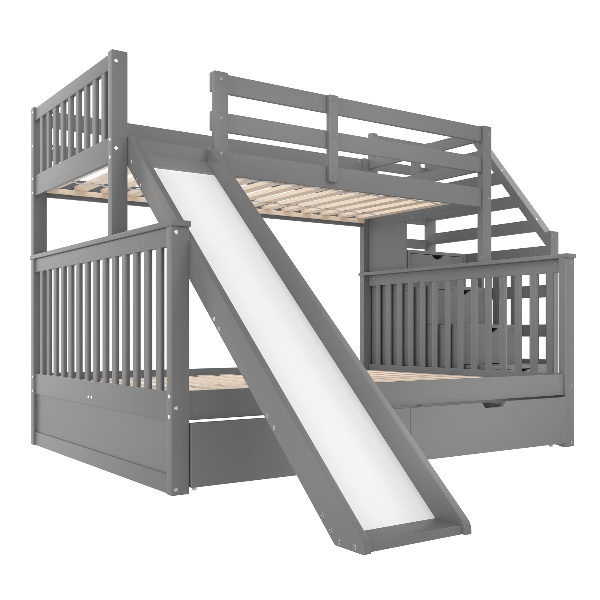 Bunk Bed 90x200 Over 140x200 With Storage Drawers & Slide Grey