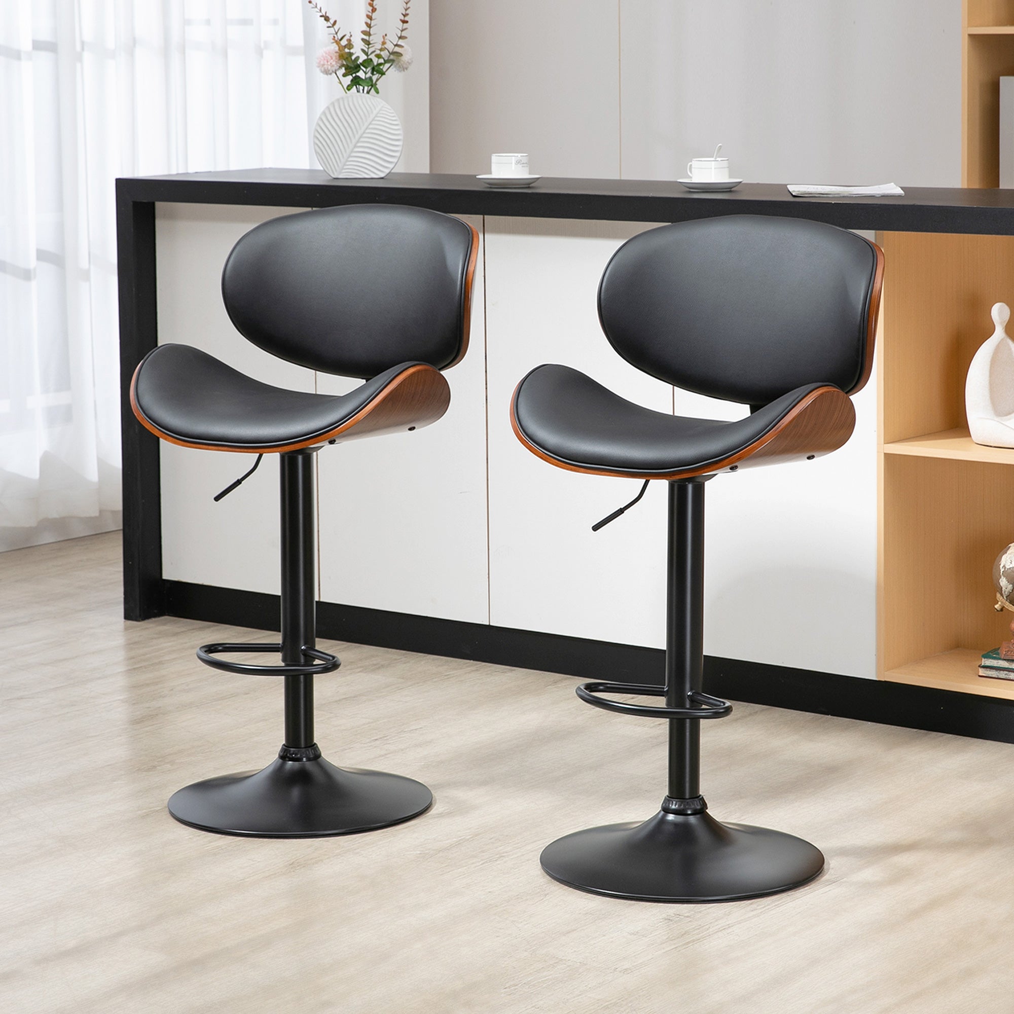 Bar Stools, Set of 2 Height-Adjustable Swivel with Footrests, Faux Leather Black