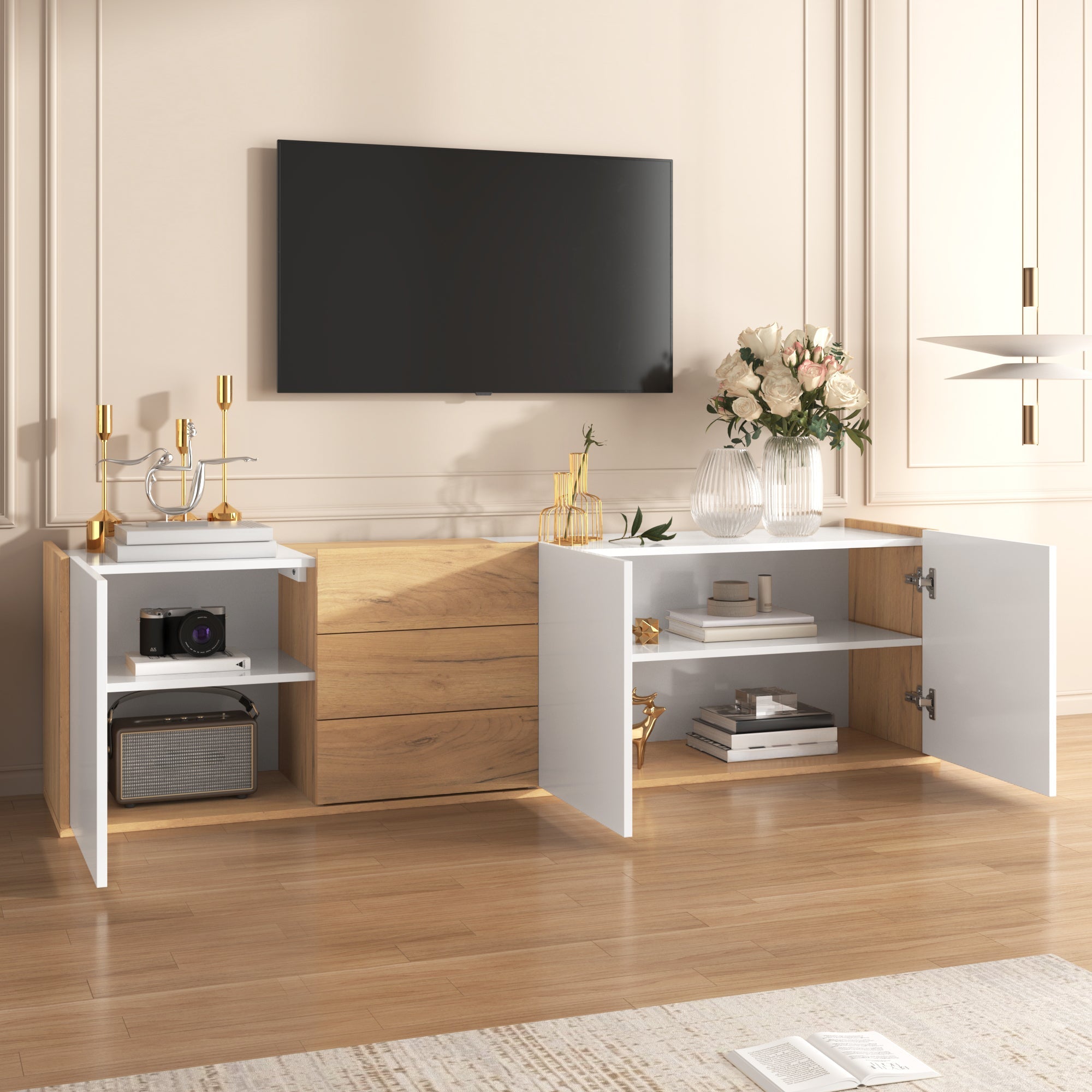 TV Cabinet, Low Panel Wall/Floor Mount, White and Wood