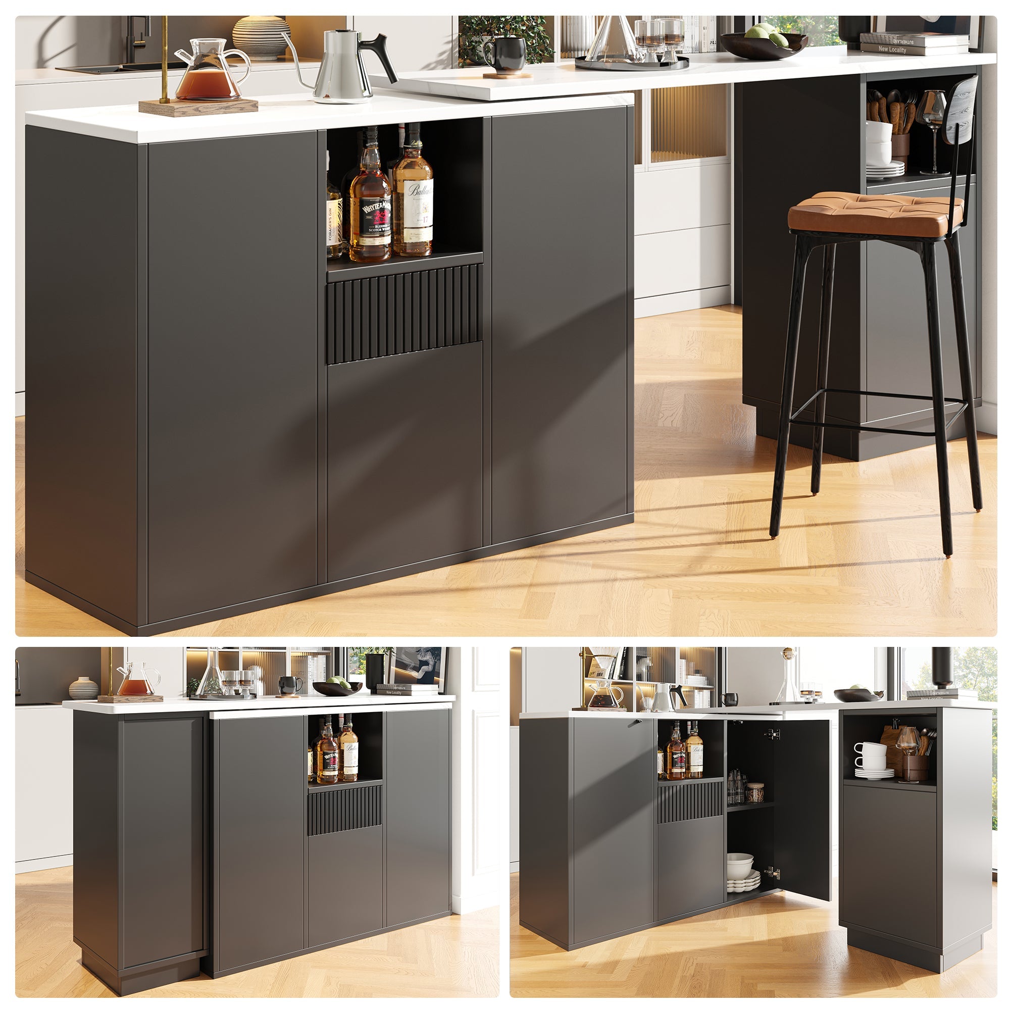 Bar Table 360° Rotating, Open Storage, Multifunctional Island, Black/Marble