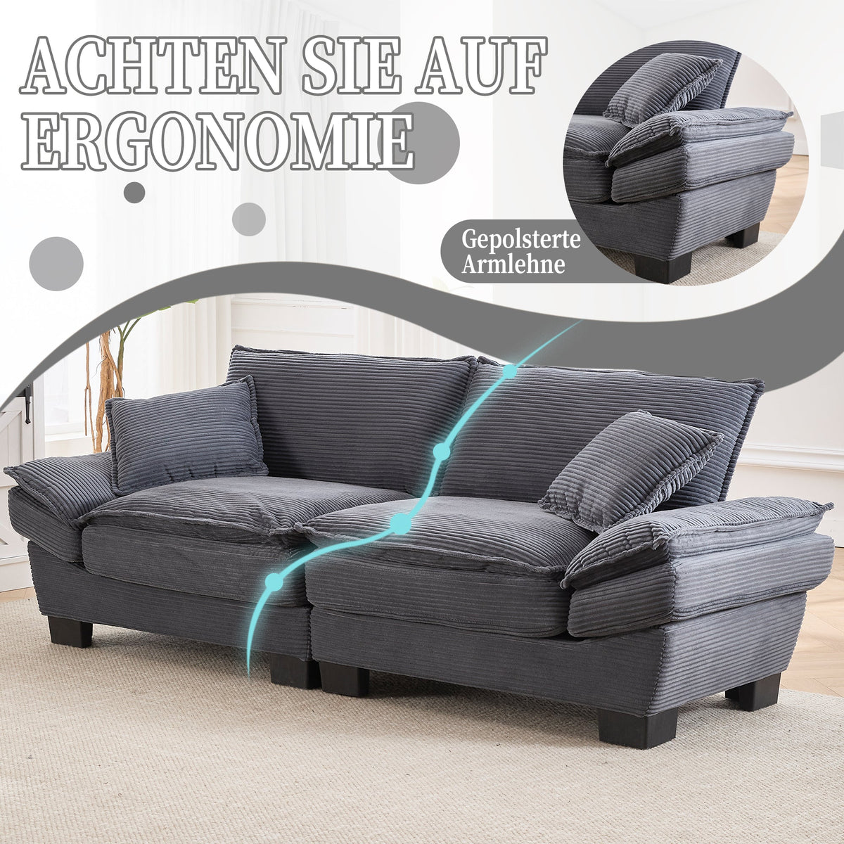 Double Sofa, Modern Simple Feather Bed Cozy Spacious, Dark Grey