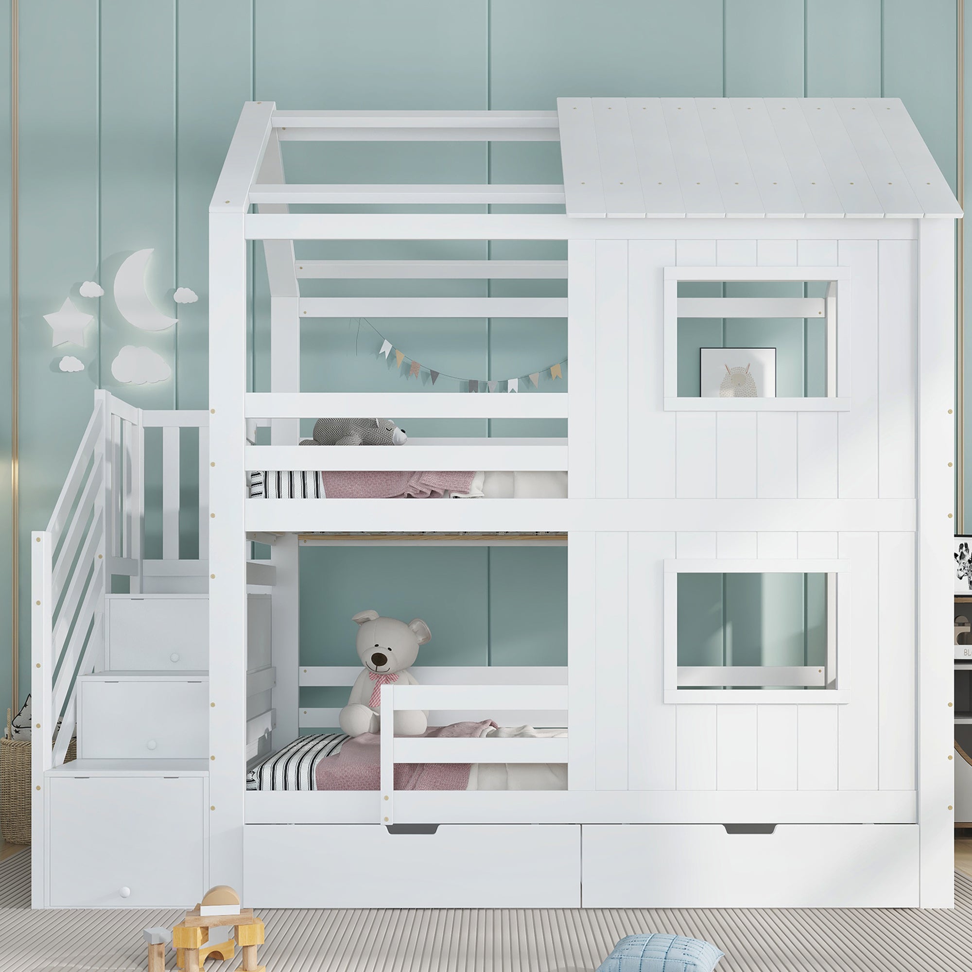 Bunk Bed with Stair Wardrobe, Storage, Window/Roof, 90x200cm, Pine/MDF/Plywood White
