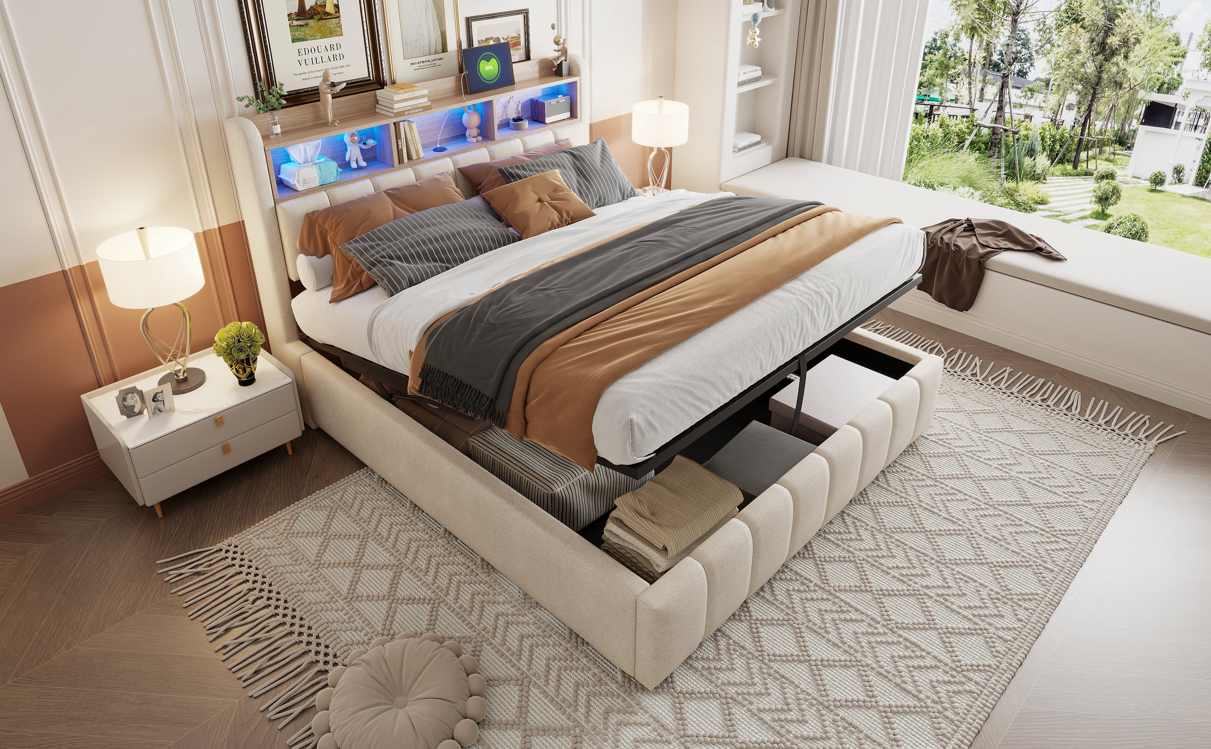 Upholstered Bed 180x200cm LED/USB, Hydraulic Storage Headboard, Beige Linen Fabric