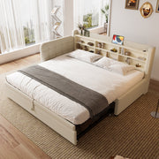 Daybed Sofa Bed 90x200cm Pull-out Bed USB/Type-C Storage Shelves - Linen Beige