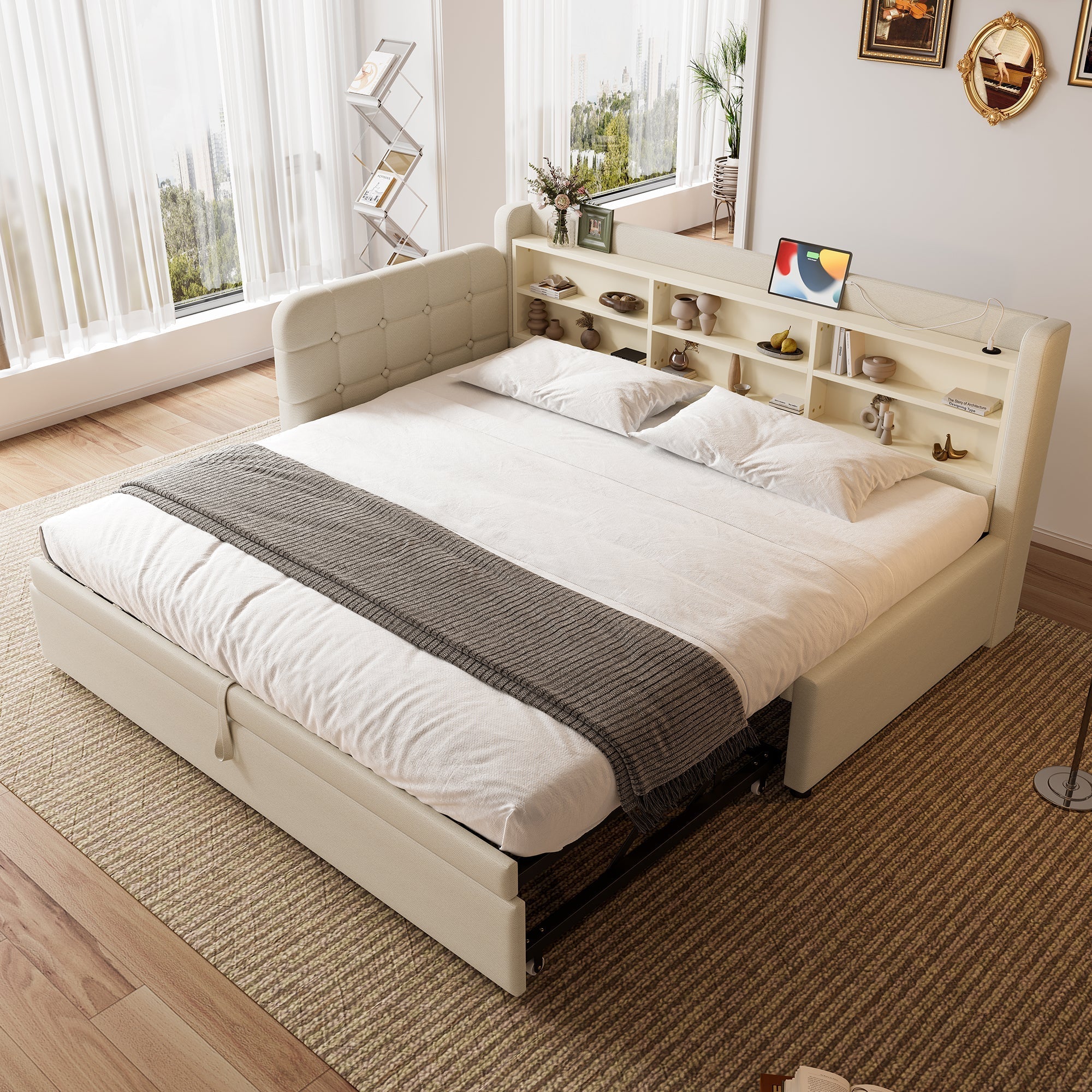 Daybed Sofa Bed 90x200cm Pull-out Bed USB/Type-C Storage Shelves - Linen Beige