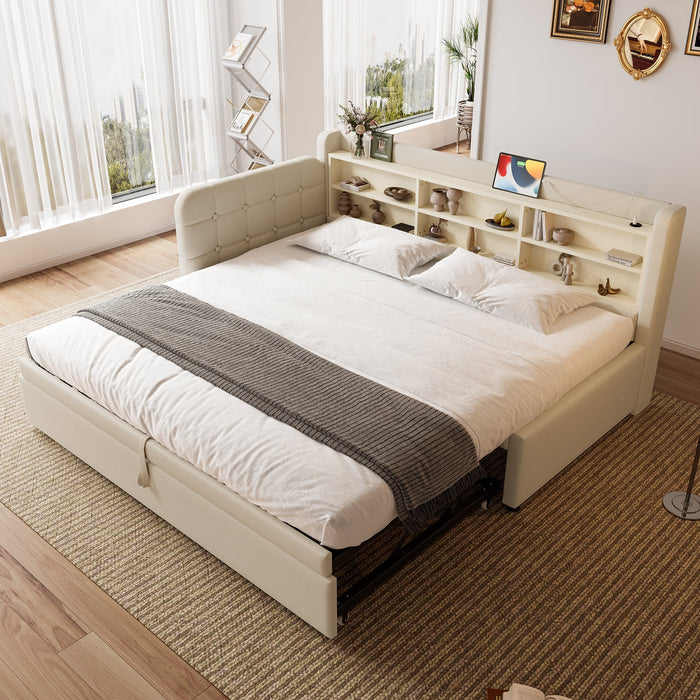 Daybed Sofa Bed 90x200cm Pull-out Bed USB/Type-C Storage Shelves - Linen Beige