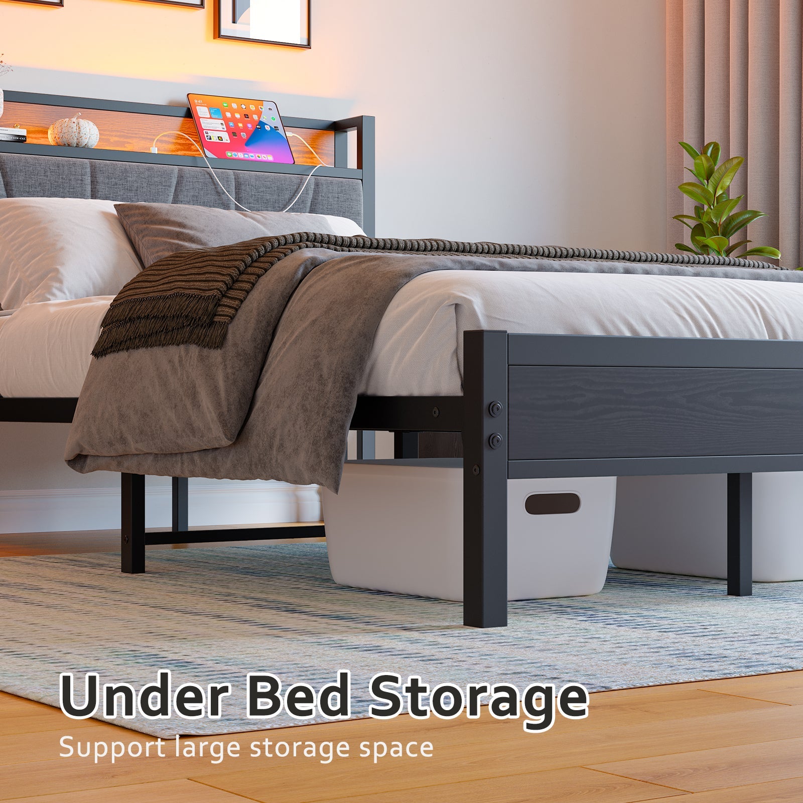 Bed Frame 120x200cm Smart LED USB Memory Headboard - Metal Slatted