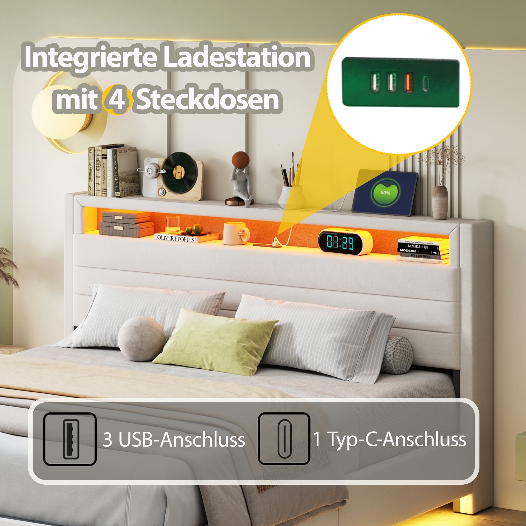 Upholstered Bed, Hydraulic Floating with Storage, USB & LED, Reversible Headboard, Linen Beige