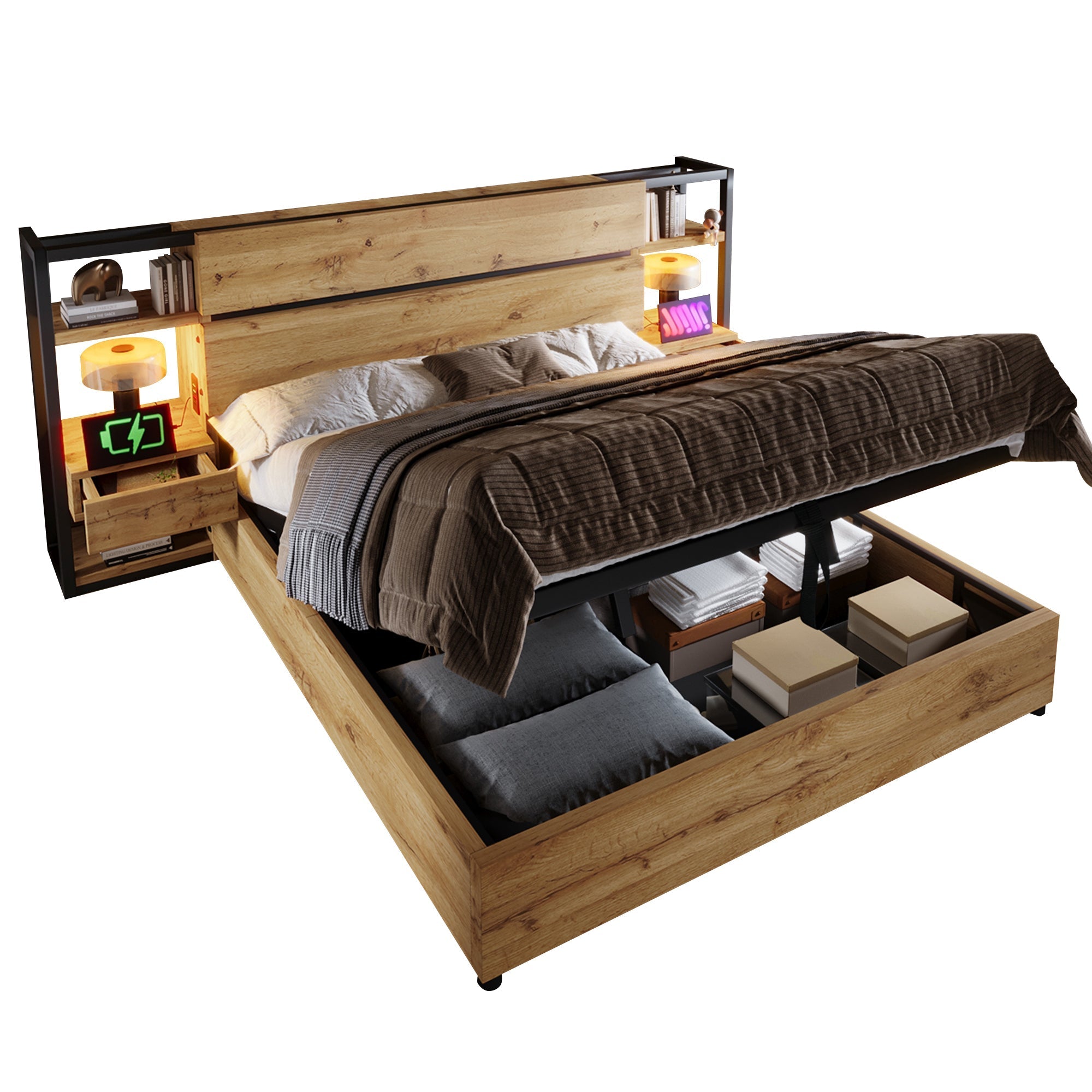 Wooden Double Bed 160×200cm Hydraulic Storage Headboard USB Charging Oak Color