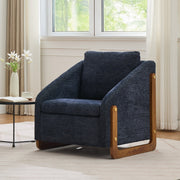 057 Armchair, Modern Lounge Chair with Wooden Armrests, Blue Chenille Fabric