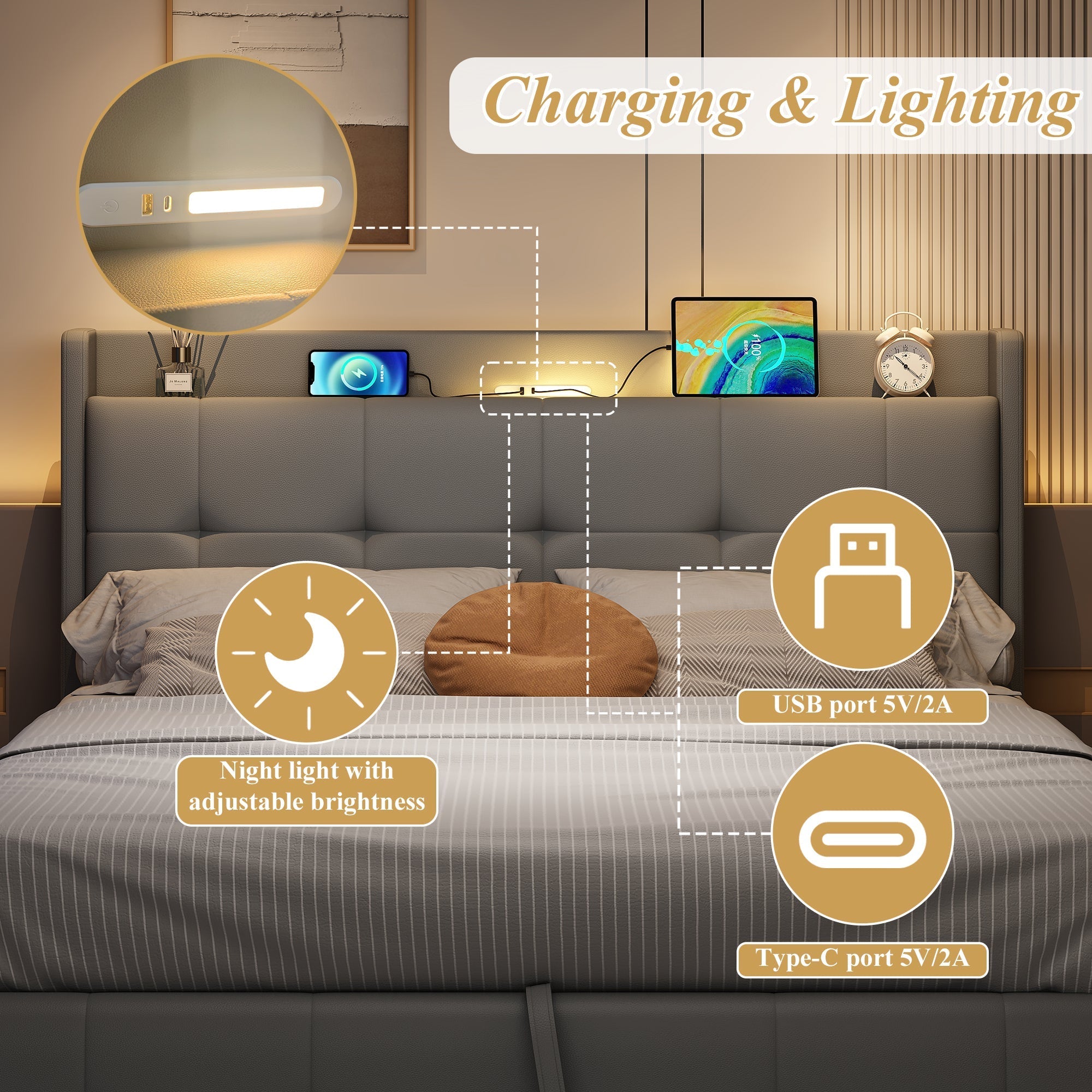 5ft King Upholstered Bed Frame, Hydraulic Storage, Charging Station, LED Night Light, PU Leather, Grey