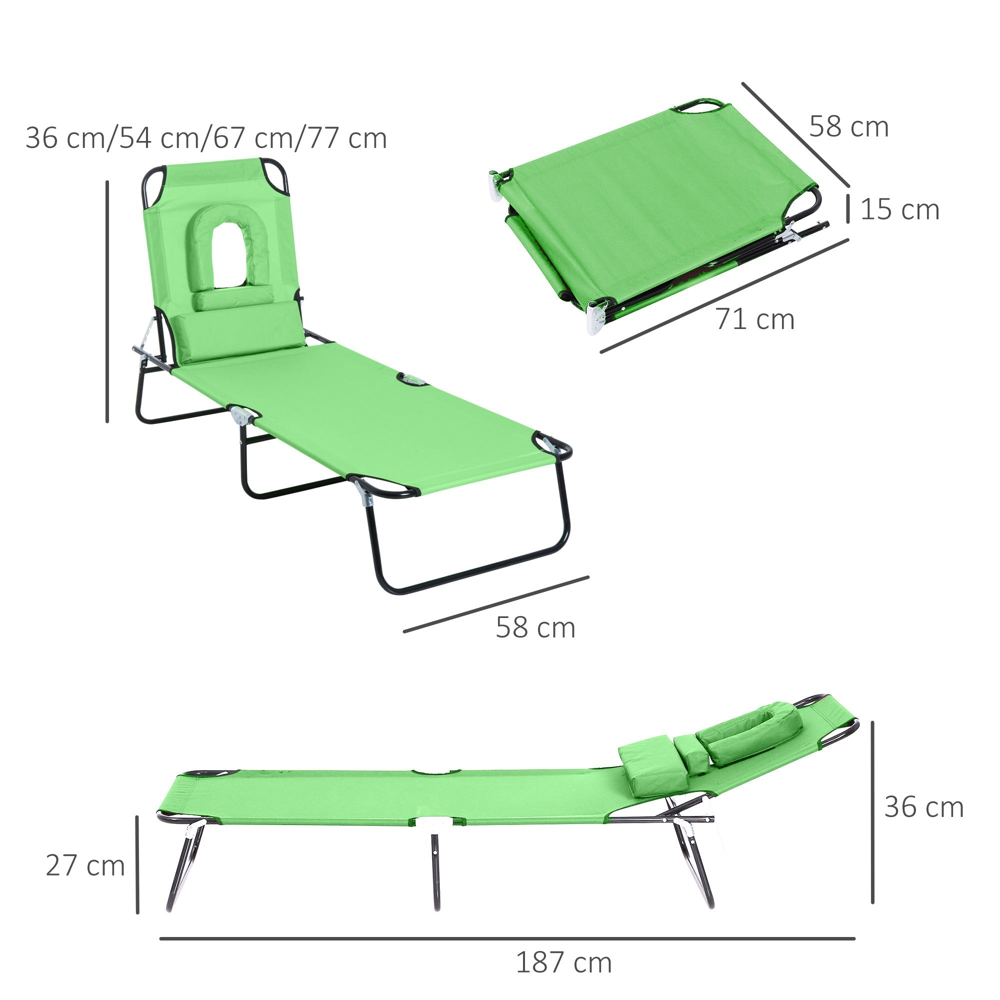 Outsuuny Folding Sun Lounger with Reading Window, Adjustable Backrest, Green