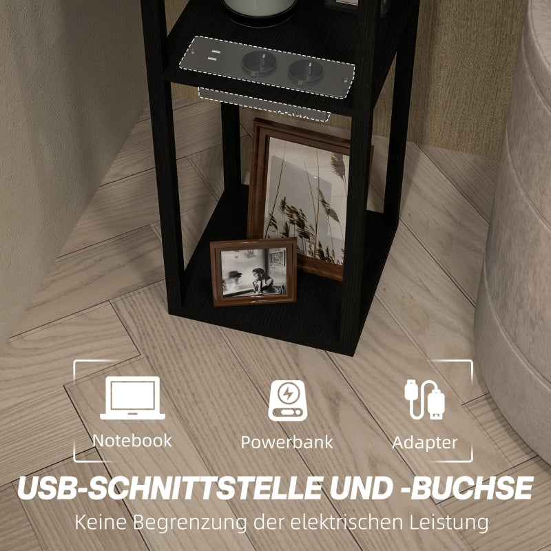 Floor Lamp, 3 Compartments, E27 Socket, Fabric Lampshade, USB-A, USB-C Ports, White+Black