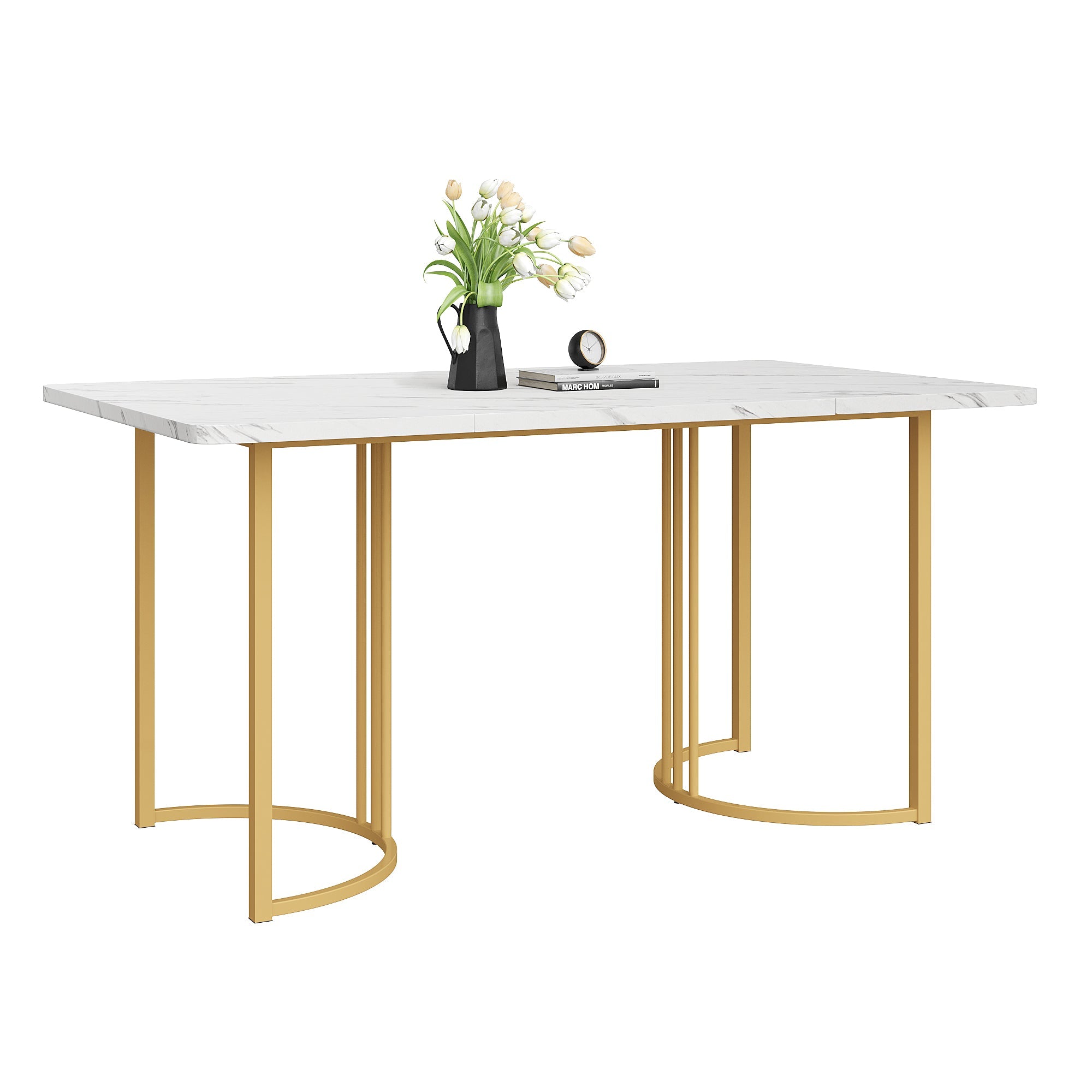 140 x 80cm Dining Table, Modern Rectangular Marble Pattern with Adjustable Metal Legs, White/Gold