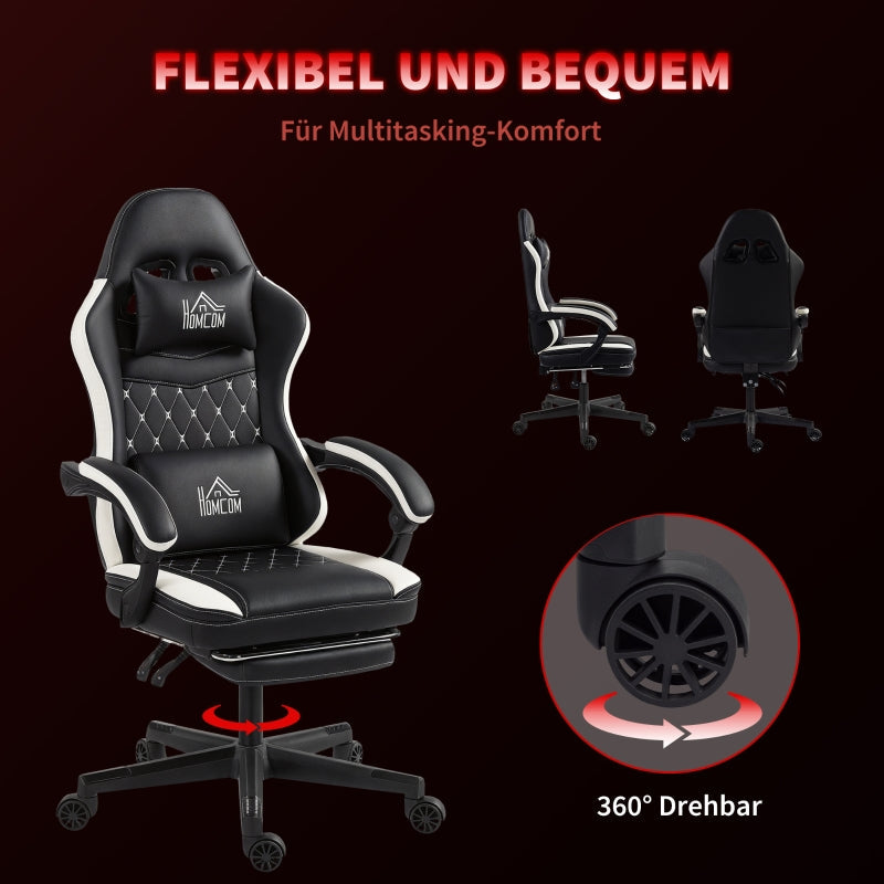 Gaming Chair with Footrest, Headrest & Cushion, Swivel, Adjustable Height Faux Leather Black and White