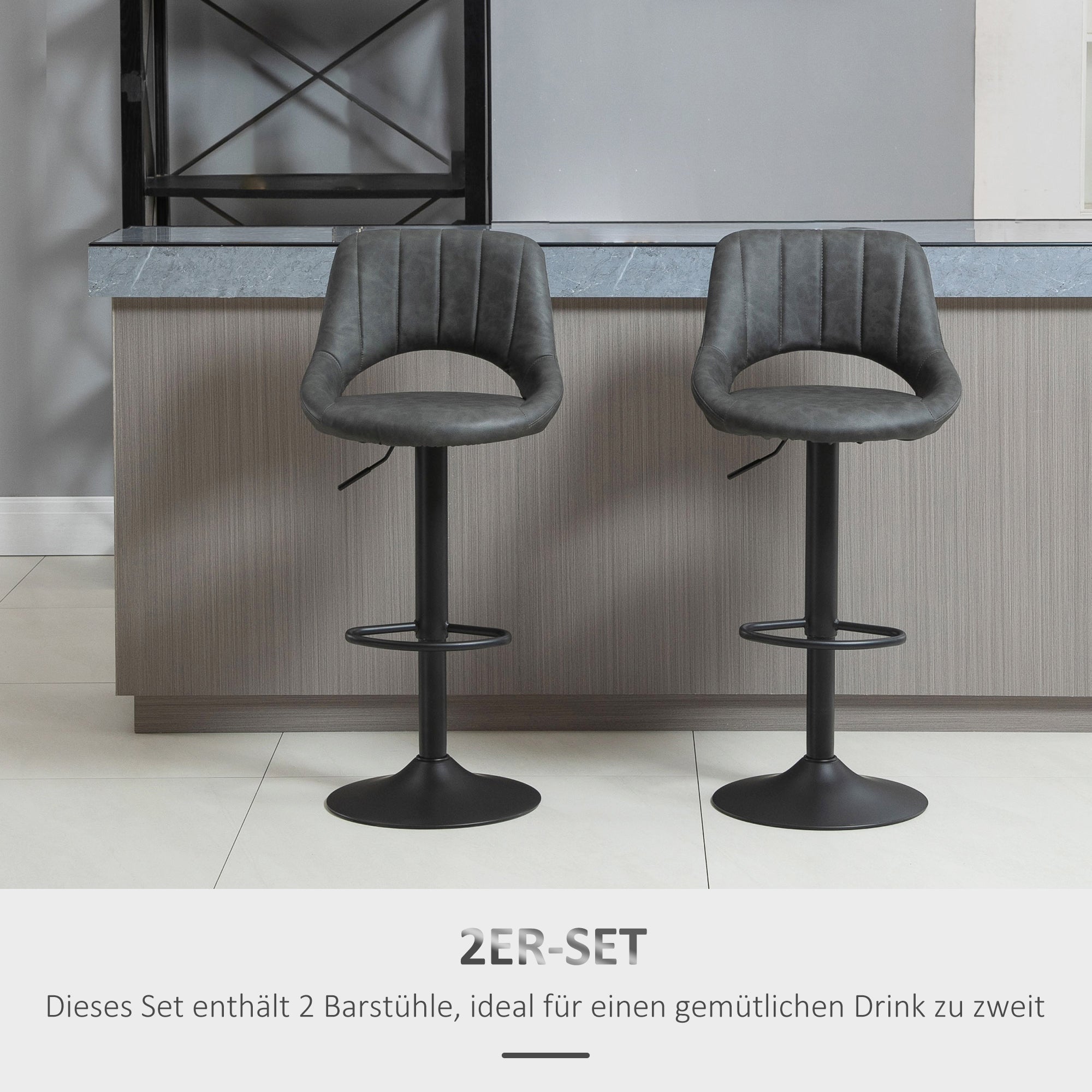 Bar Stool Set of 2, Swivel Height-Adjustable with Footrest, Leather-Look Gray