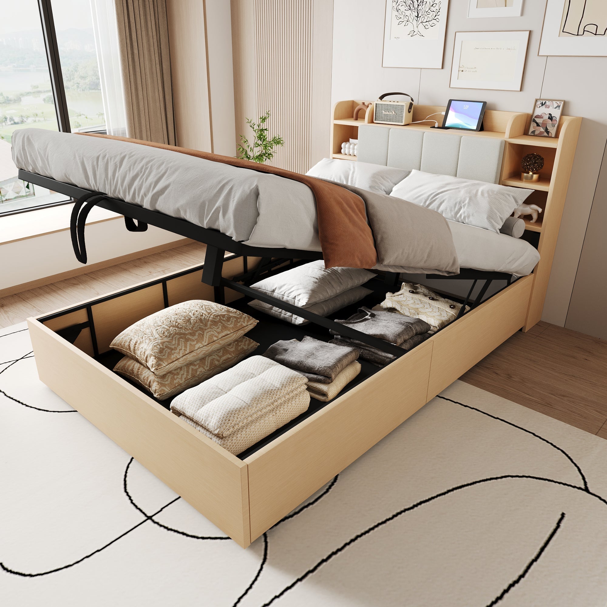 Wooden Bed, 140x200cm Hydraulic with Storage Headboard, USB & Type-C Socket, Wood Color