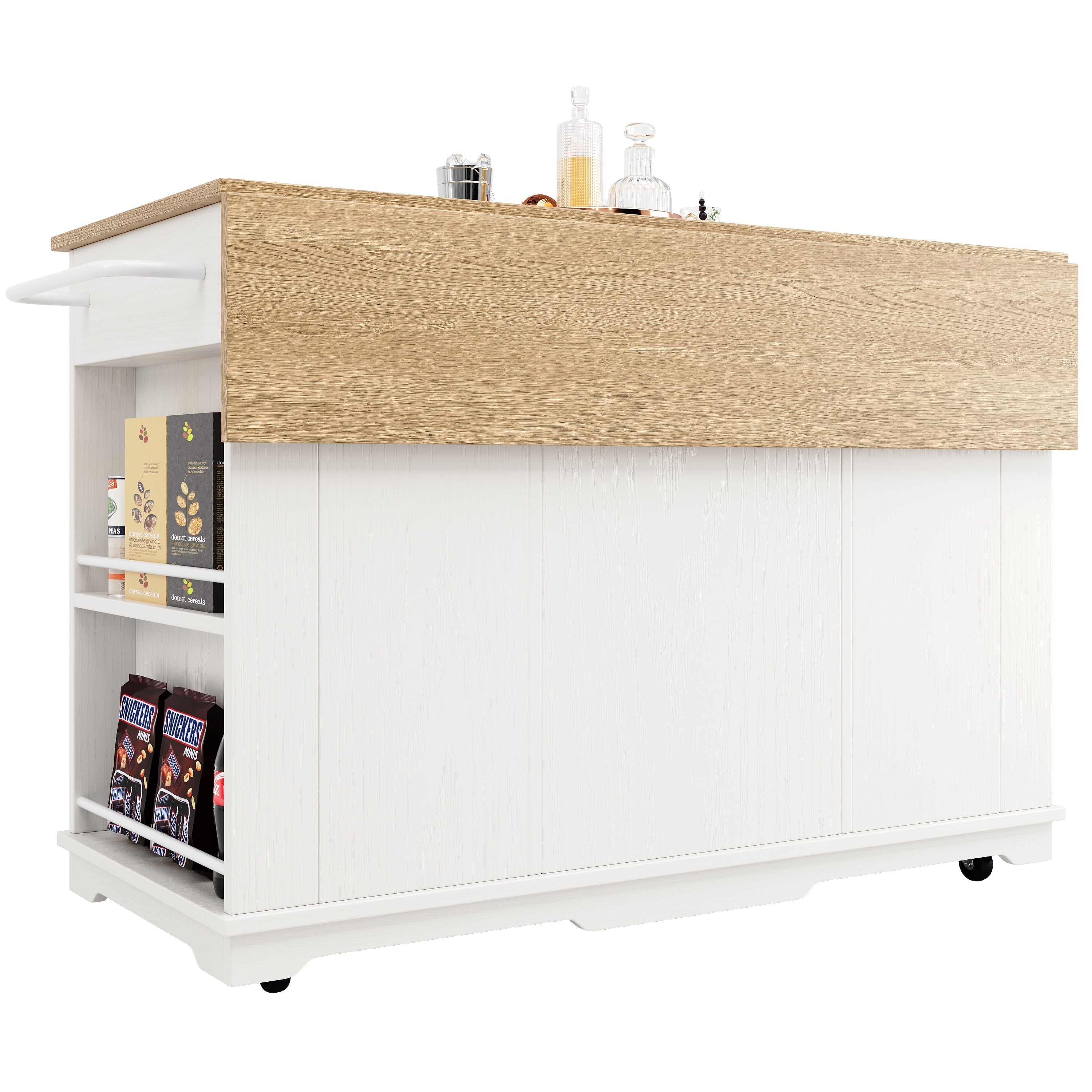 Kitchen Island Cabinet Tempered Glass Worktop Storage - White