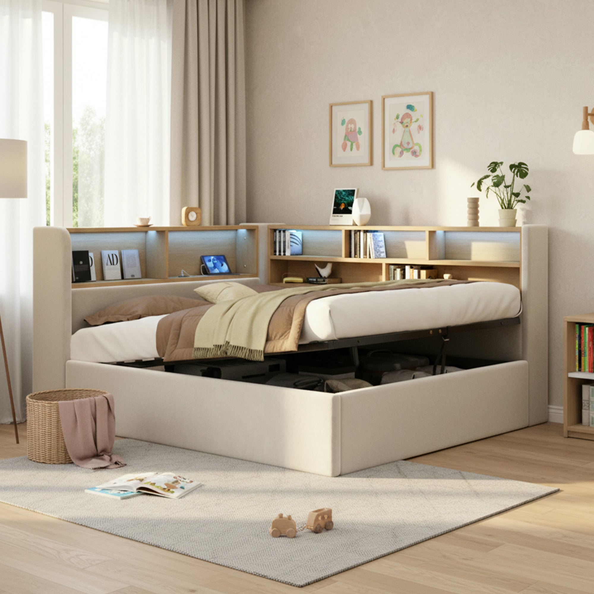Daybed with Hydraulic Storage, LED, USB and Backrest, 140x190cm, Beige Velvet