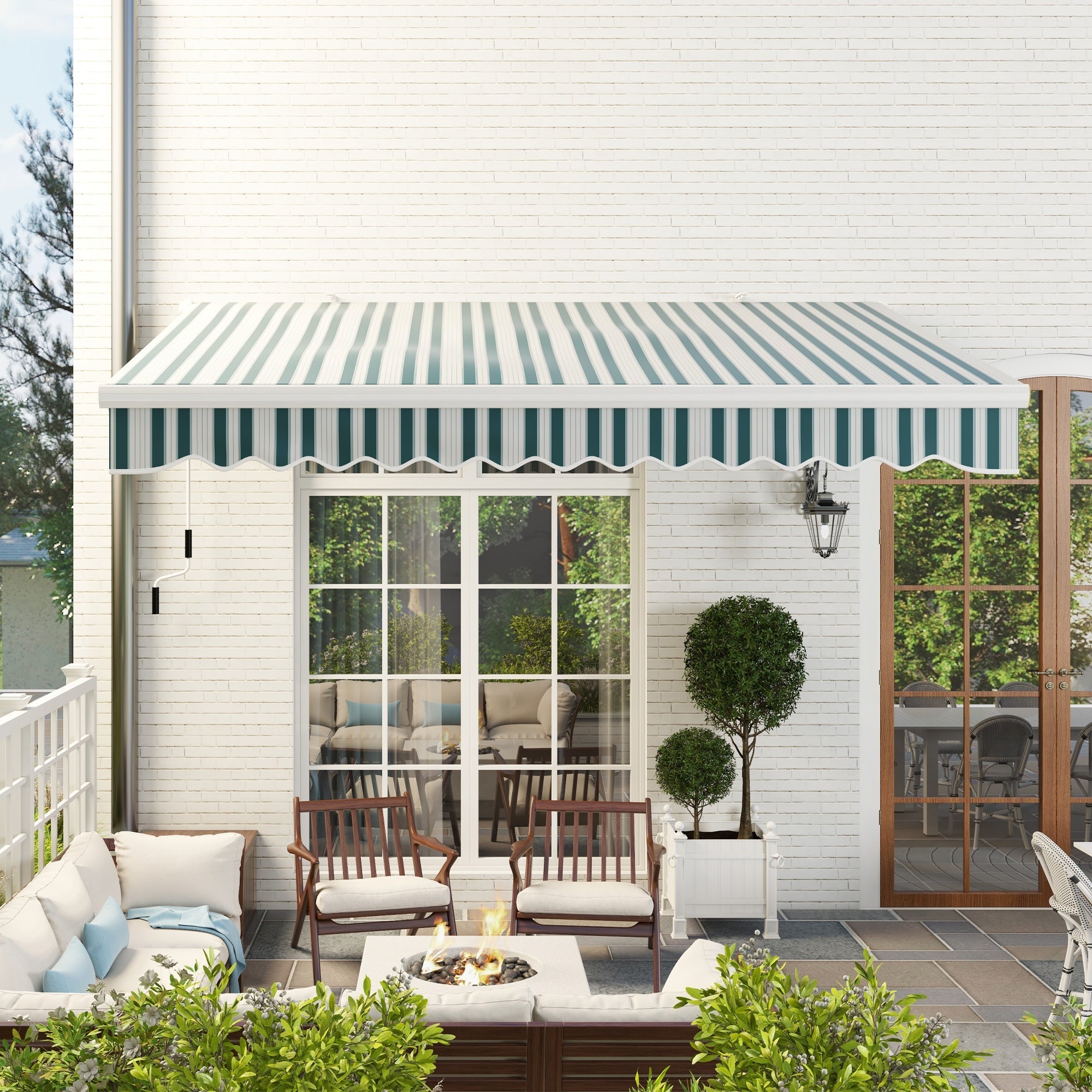 Manual Folding Arm Awning, 4m Wide Hand Crank Sunshade Wall-Mounted, Aluminum White and Green