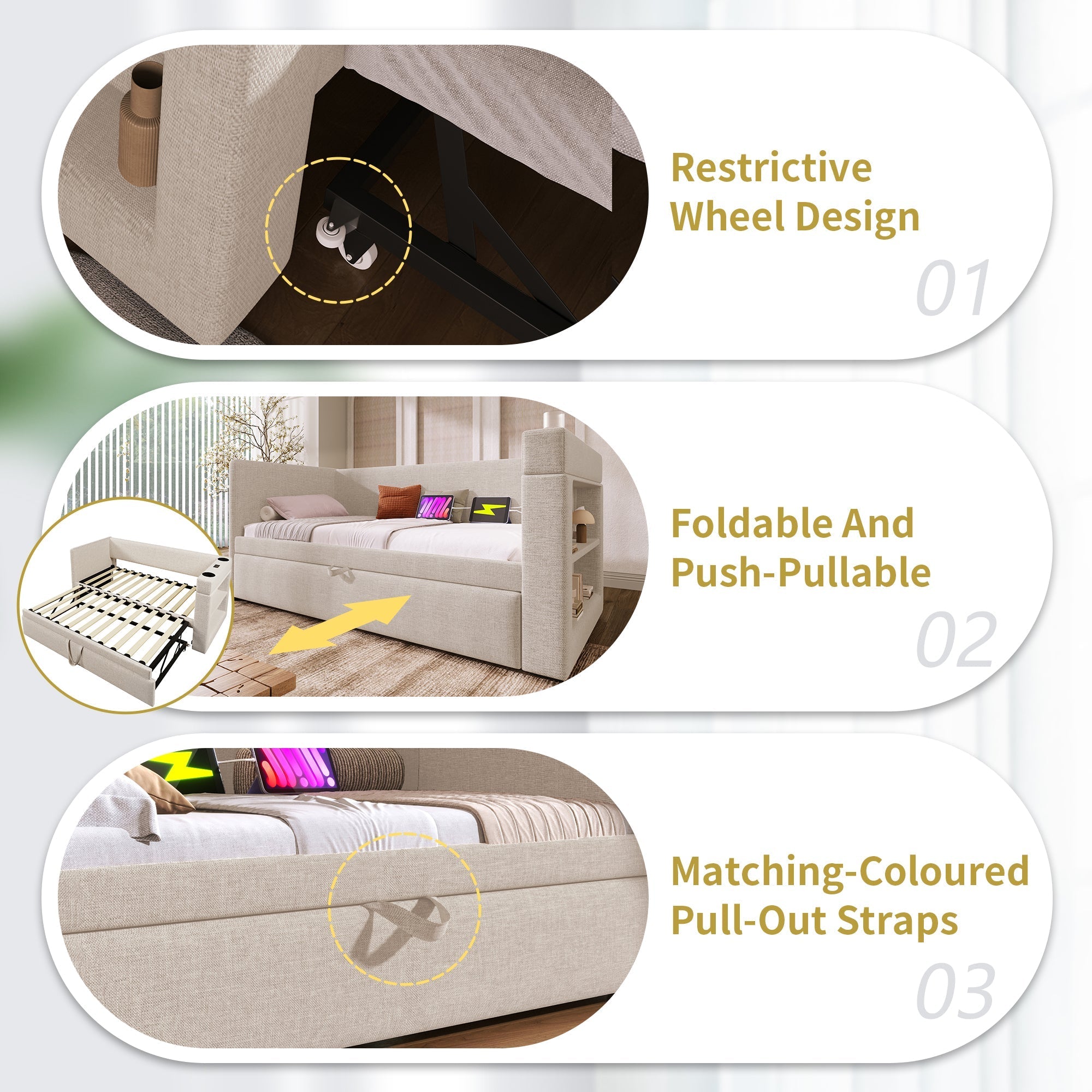 Daybed Upholstered Bed 3FT Single Sofa Bed with Trundle, USB/Type C Charging Station, Linen Beige