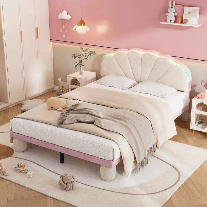 Upholstered Bed with Light Stripes, Scalloped Headboard & Round Legs, Velvet Beige+Pink